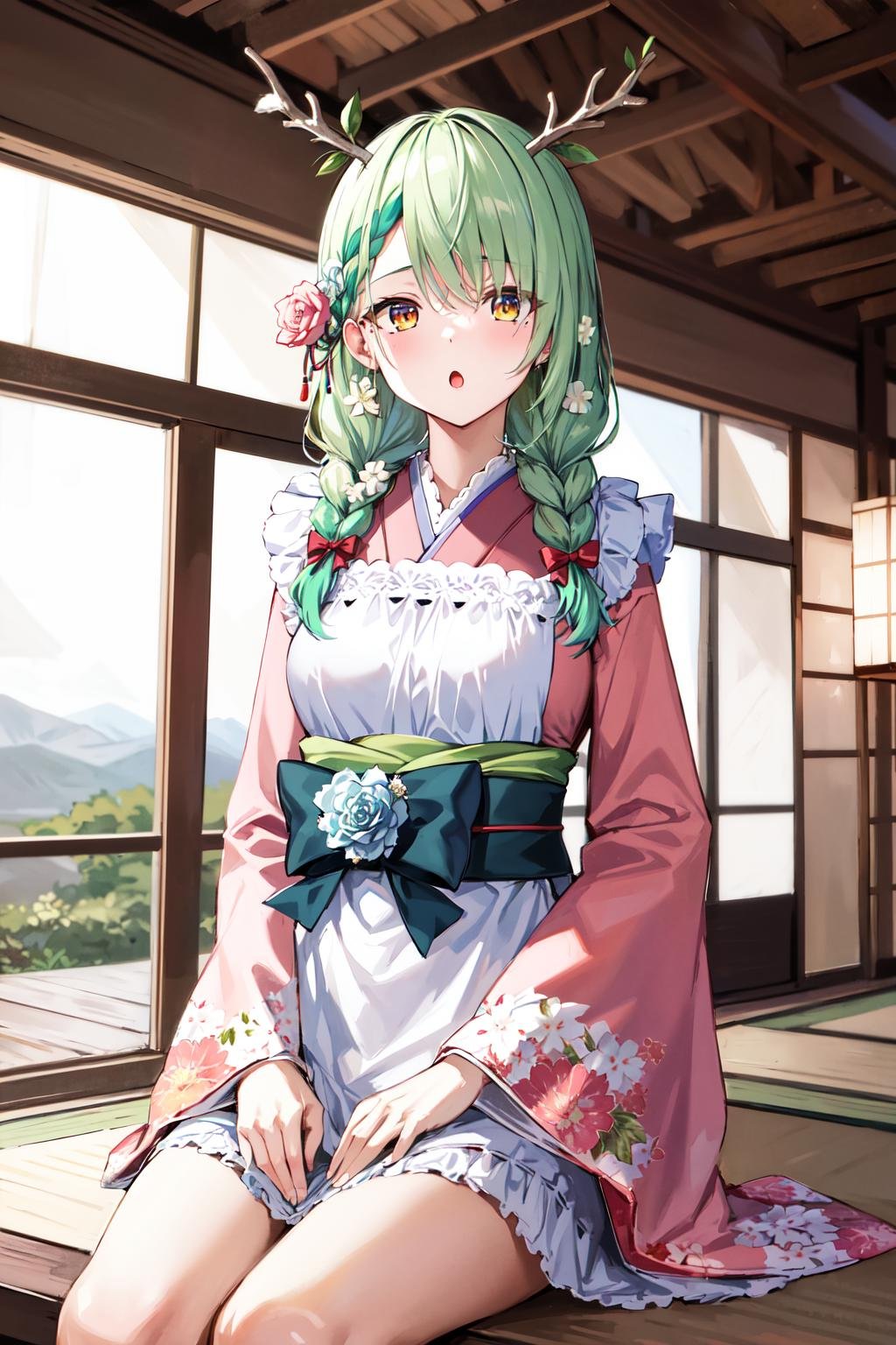 masterpiece, best quality, highres, hmcf, long hair, antlers, branch, low twin braids, hair flower, yellow eyes, floral print, japanese clothes, pink kimono, wide sleeves, frilled apron, white apron, bow, sash, obi, pink flower, <lora:ceres_fauna_v2:0.7>, cowboy shot, sitting, indoors. :o. sitting