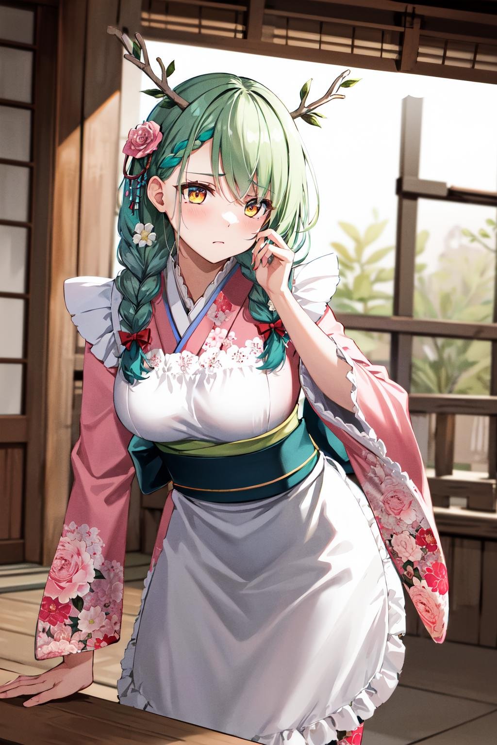 masterpiece, best quality, highres, hmcf, long hair, antlers, branch, low twin braids, hair flower, yellow eyes, floral print, japanese clothes, pink kimono, wide sleeves, frilled apron, white apron, bow, sash, obi, pink flower, <lora:ceres_fauna_v2:0.7>, frown, leaning forward, 