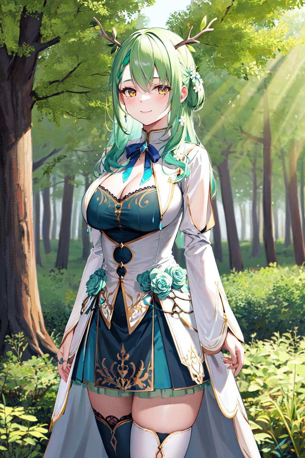 masterpiece, best quality, highres, hmcf, long hair, antlers, branch, braided bangs, hair flower, yellow eyes, large breasts, jewelry, dress, cleavage, wide sleeves, green flower, single thighhigh, white thighhighs, <lora:ceres_fauna_v2:0.7>, cowboy shot, standing, forest, arms at sides, straight-on, smile,