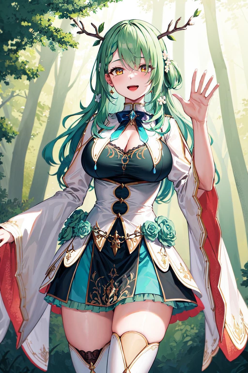 masterpiece, best quality, highres, hmcf, long hair, antlers, branch, braided bangs, hair flower, yellow eyes, large breasts, jewelry, dress, cleavage, wide sleeves, green flower, single thighhigh, white thighhighs, <lora:ceres_fauna_v2:0.7>, cowboy shot, standing, forest, smile, open mouth, waving