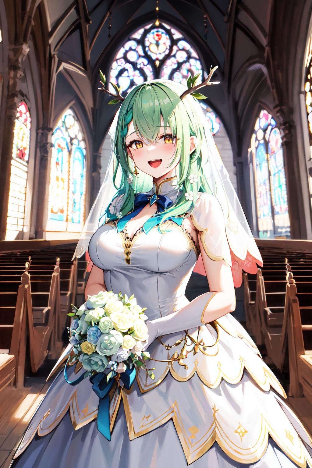masterpiece, best quality, highres, hmcf, long hair, antlers, branch, braided bangs, hair flower, yellow eyes, wedding dress, bridal veil, <lora:ceres_fauna_v2:0.7>, church, holding bouquet, smile, open mouth, 