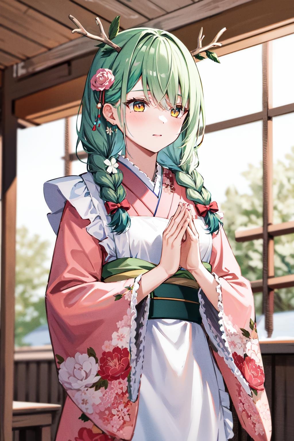 masterpiece, best quality, highres, hmcf, long hair, antlers, branch, low twin braids, hair flower, yellow eyes, floral print, japanese clothes, pink kimono, wide sleeves, frilled apron, white apron, bow, sash, obi, pink flower, <lora:ceres_fauna_v2:0.7>, own hands together, 
