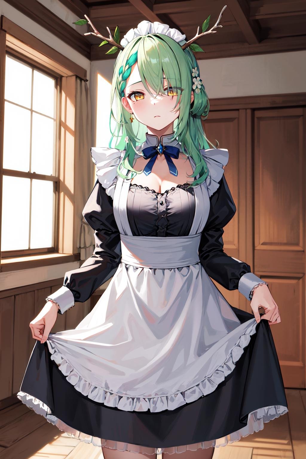 masterpiece, best quality, highres, hmcf, long hair, antlers, branch, braided bangs, hair flower, yellow eyes, <lora:ceres_fauna_v2:0.7>, maid headdress, maid, maid apron, cleavage, indoors, skirt hold, expressionless, 
