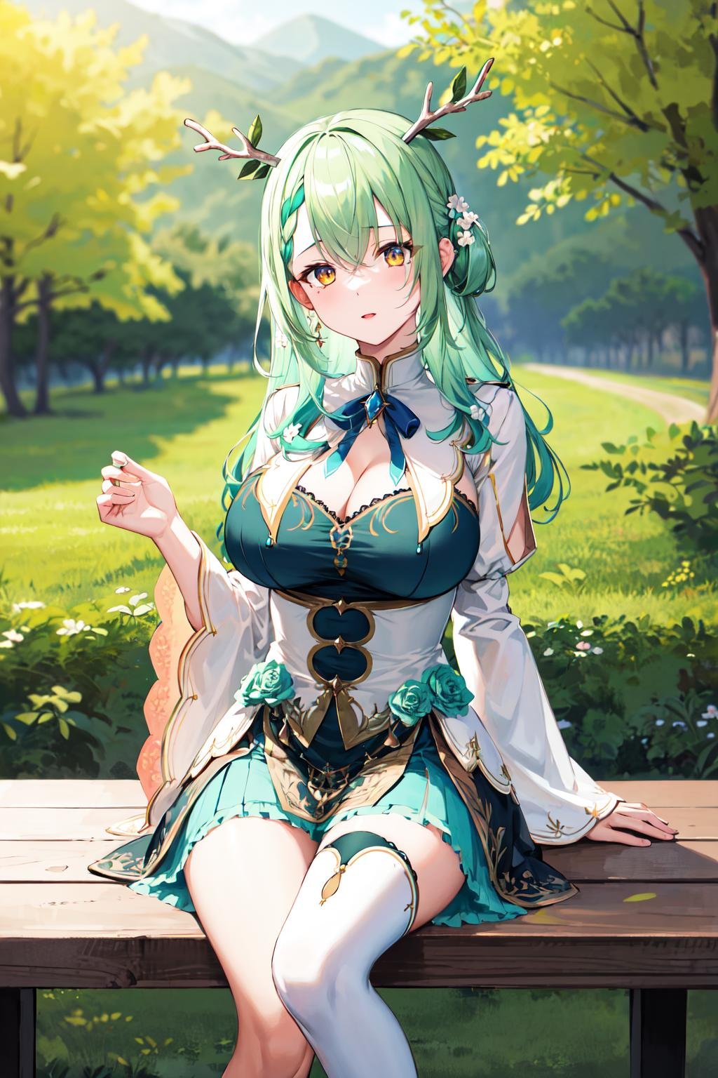 masterpiece, best quality, highres, hmcf, long hair, antlers, branch, braided bangs, hair flower, yellow eyes, large breasts, jewelry, dress, cleavage, wide sleeves, green flower, single thighhigh, white thighhighs, <lora:ceres_fauna_v2:0.7>, sitting, outdoors, table