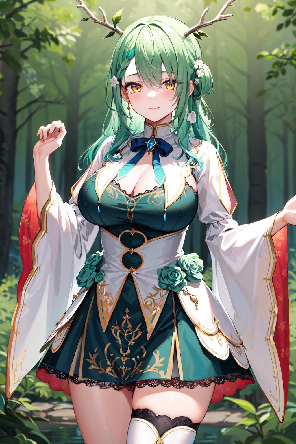 masterpiece, best quality, highres, hmcf, long hair, antlers, branch, braided bangs, hair flower, yellow eyes, large breasts, jewelry, dress, cleavage, wide sleeves, green flower, single thighhigh, white thighhighs, <lora:ceres_fauna_v2:0.7>, cowboy shot, standing, forest, smile