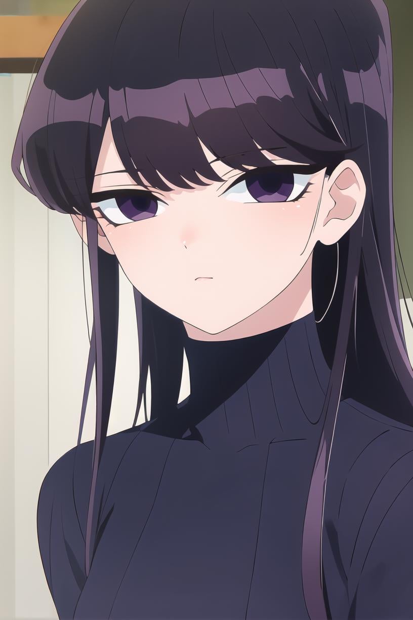 <lora:ShokoKomi_KS:0.8> ShokoKomidef, purple hair, purple eyes, long hairlooking at viewer, upper body, blue dress, bangs, turtleneck dress, expressionless, turtleneck, portrait, closed mouthmasterpiece, best quality,     