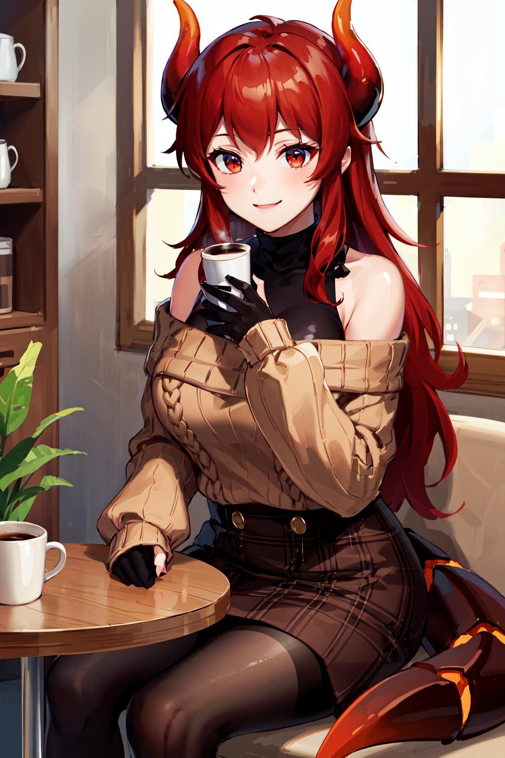 masterpiece, best quality, highres, bbdola, dragon girl, long hair, dragon horns, dragon tail, off-shoulder sweater, brown sweater, long sleeves, sleeves past wrists, black gloves, plaid skirt, brown skirt, black pantyhose, <lora:dola_v1:0.7>, sitting, coffee, indoors, table, smile,