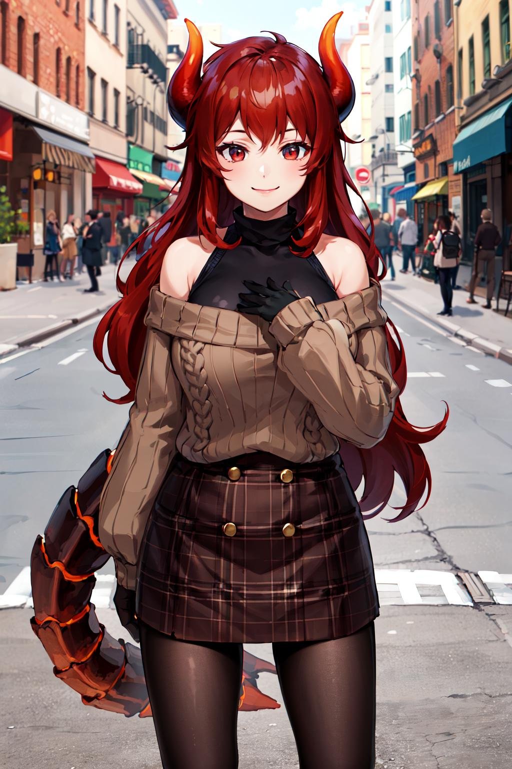 masterpiece, best quality, highres, bbdola, dragon girl, long hair, dragon horns, dragon tail, off-shoulder sweater, brown sweater, long sleeves, sleeves past wrists, black gloves, plaid skirt, brown skirt, black pantyhose, <lora:dola_v1:0.7>, street, smile, standing, cowboy shot,