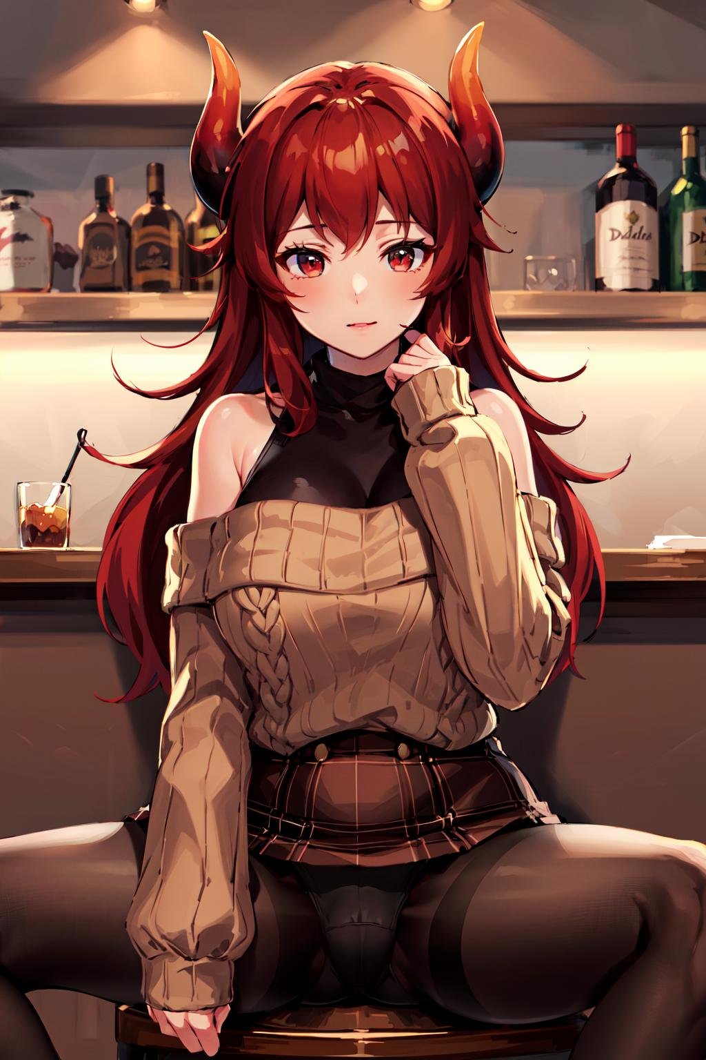 masterpiece, best quality, highres, bbdola, dragon girl, long hair, dragon horns, dragon tail, off-shoulder sweater, brown sweater, long sleeves, sleeves past wrists, plaid skirt, brown skirt, black pantyhose, <lora:dola_v1:0.7>, bar, inddors, sitting, spread legs, panties under pantyhose,