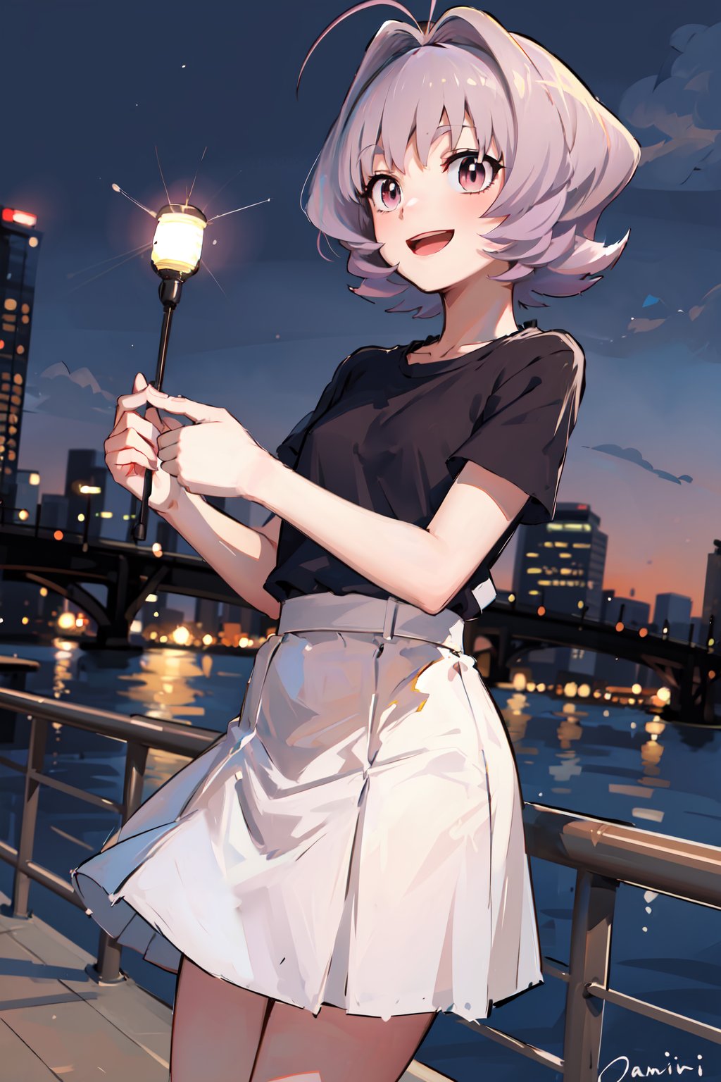 masterpiece,  best quality,  highest quality,  detailed background, osana najimi,  1boy,  solo,  orange shirt,  pink eyes,  (short purple hair:1.4),  short sleeves,  white skirt,  solo,  antenna hair,  white shoes,  smile,  open_mouth,  city, <lora:EMS-58812-EMS:0.800000>