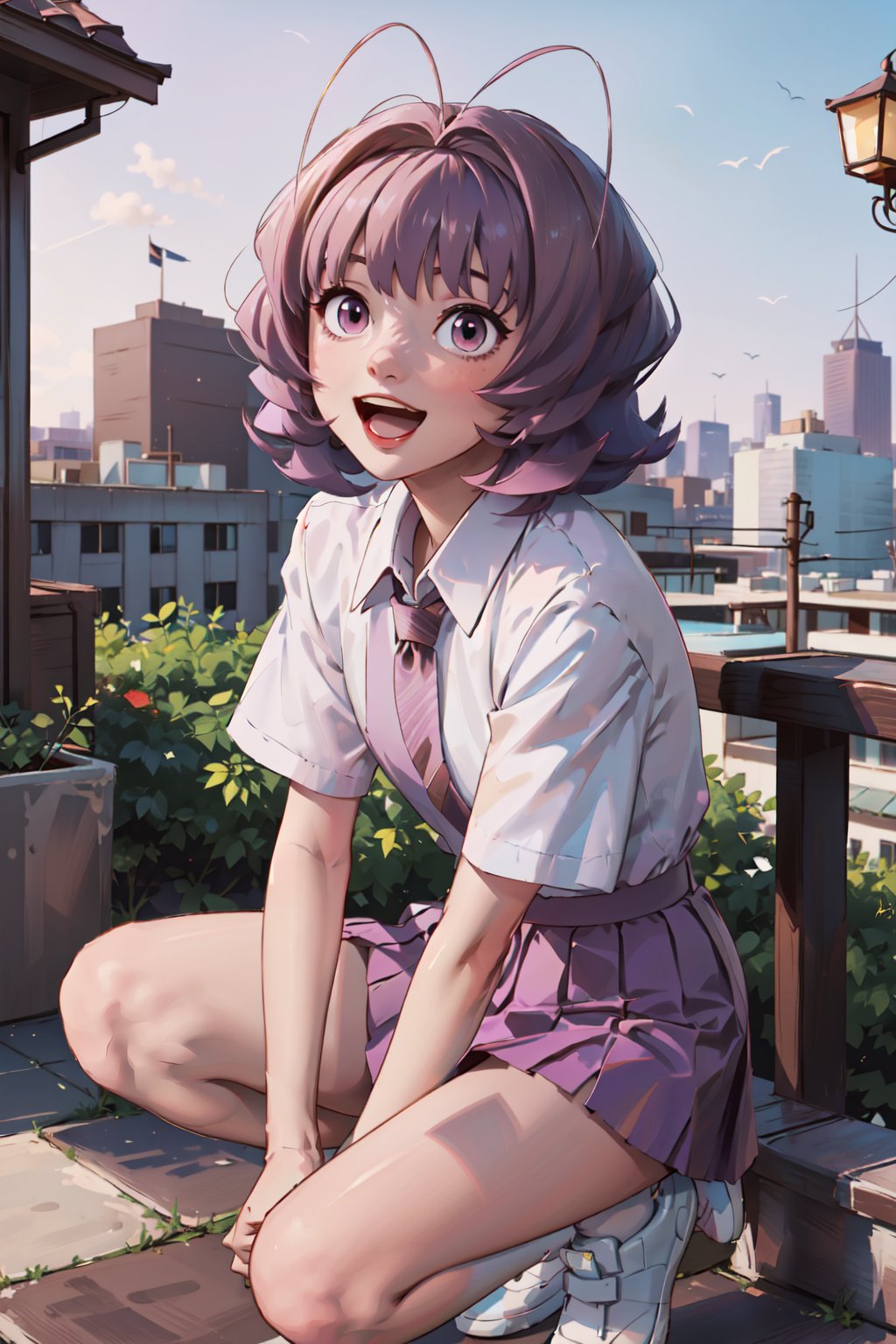 masterpiece,  best quality,  highest quality,  detailed background, osana najimi,  1boy,  solo,  orange shirt,  pink eyes,  (short purple hair:1.4),  short sleeves,  white skirt,  solo,  antenna hair,  white shoes,  smile,  open_mouth,  city, <lora:EMS-58812-EMS:0.800000>