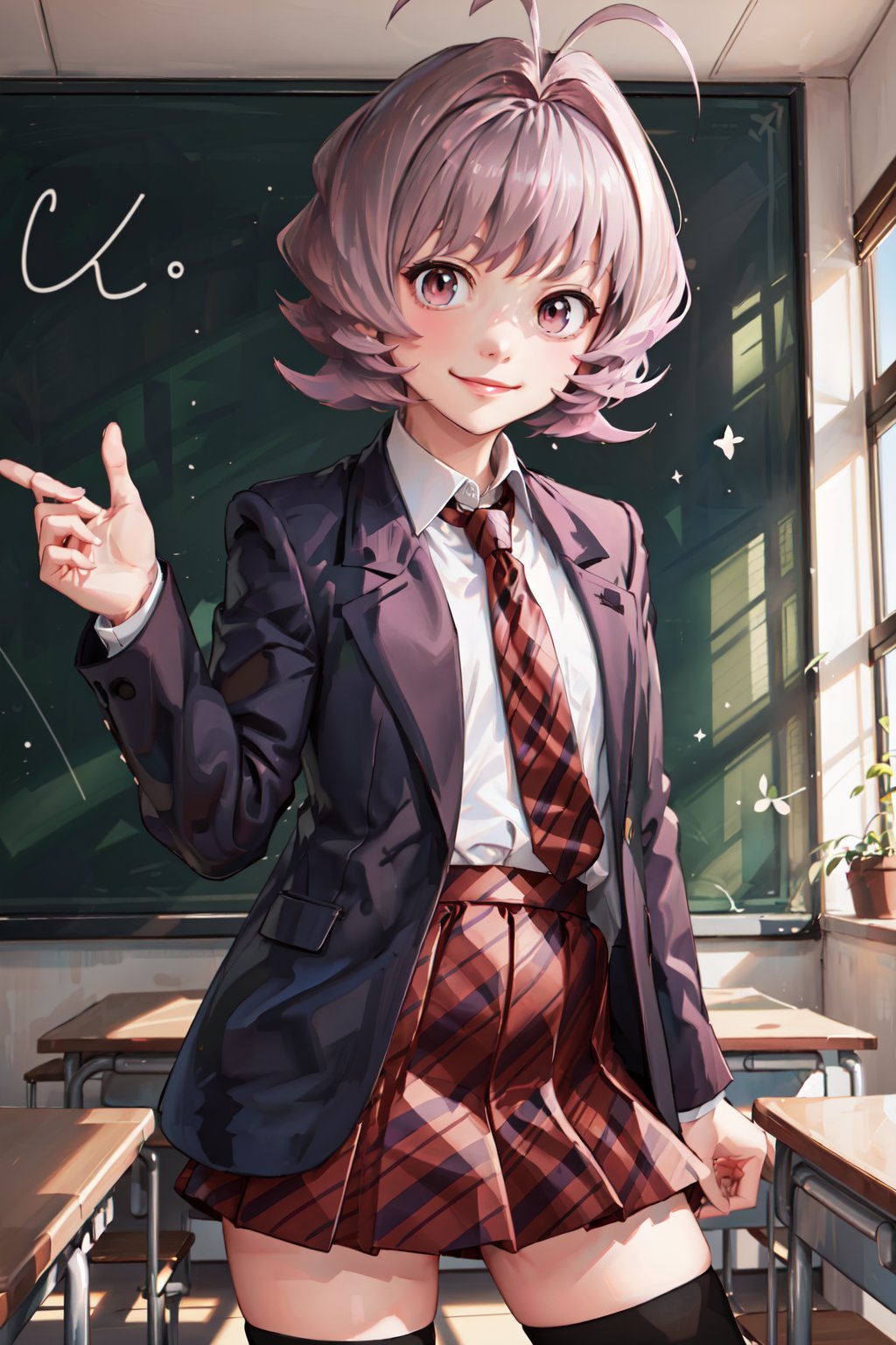 masterpiece,  best quality,  highest quality,  detailed background, osana najimi,  1boy,  solo,  classroom,  red and black striped necktie,  red and black striped short skirt,  evil smile,  smirk,  blue jacket,  pink eyes,  (short purple hair:1.4),  long sleeves,  white shirt,  solo,  black thighhighs,  antenna hair,  looking_at_viewer, <lora:EMS-58812-EMS:0.800000>