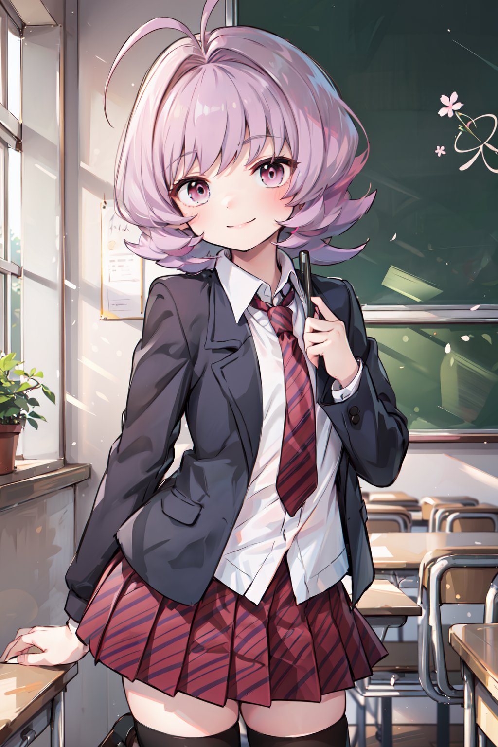 masterpiece,  best quality,  highest quality,  detailed background, osana najimi,  1boy,  solo,  classroom,  red and black striped necktie,  red and black striped short skirt,  evil smile,  smirk,  blue jacket,  pink eyes,  (short purple hair:1.4),  long sleeves,  white shirt,  solo,  black thighhighs,  antenna hair,  looking_at_viewer, <lora:EMS-58812-EMS:0.700000>