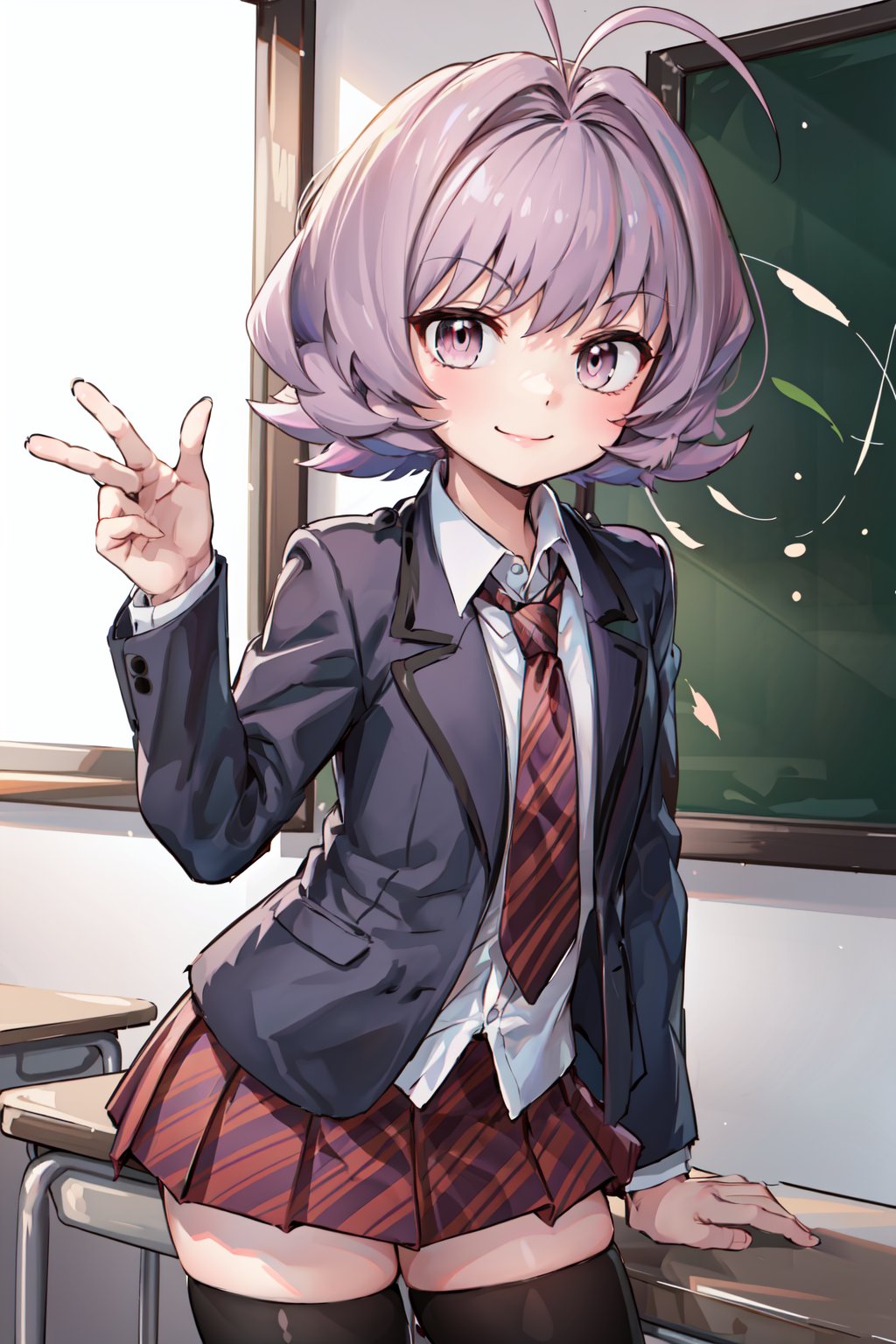 masterpiece,  best quality,  highest quality,  detailed background, osana najimi,  1boy,  solo,  classroom,  red and black striped necktie,  red and black striped short skirt,  evil smile,  smirk,  blue jacket,  pink eyes,  (short purple hair:1.4),  long sleeves,  white shirt,  solo,  black thighhighs,  antenna hair,  looking_at_viewer, <lora:EMS-58812-EMS:0.700000>