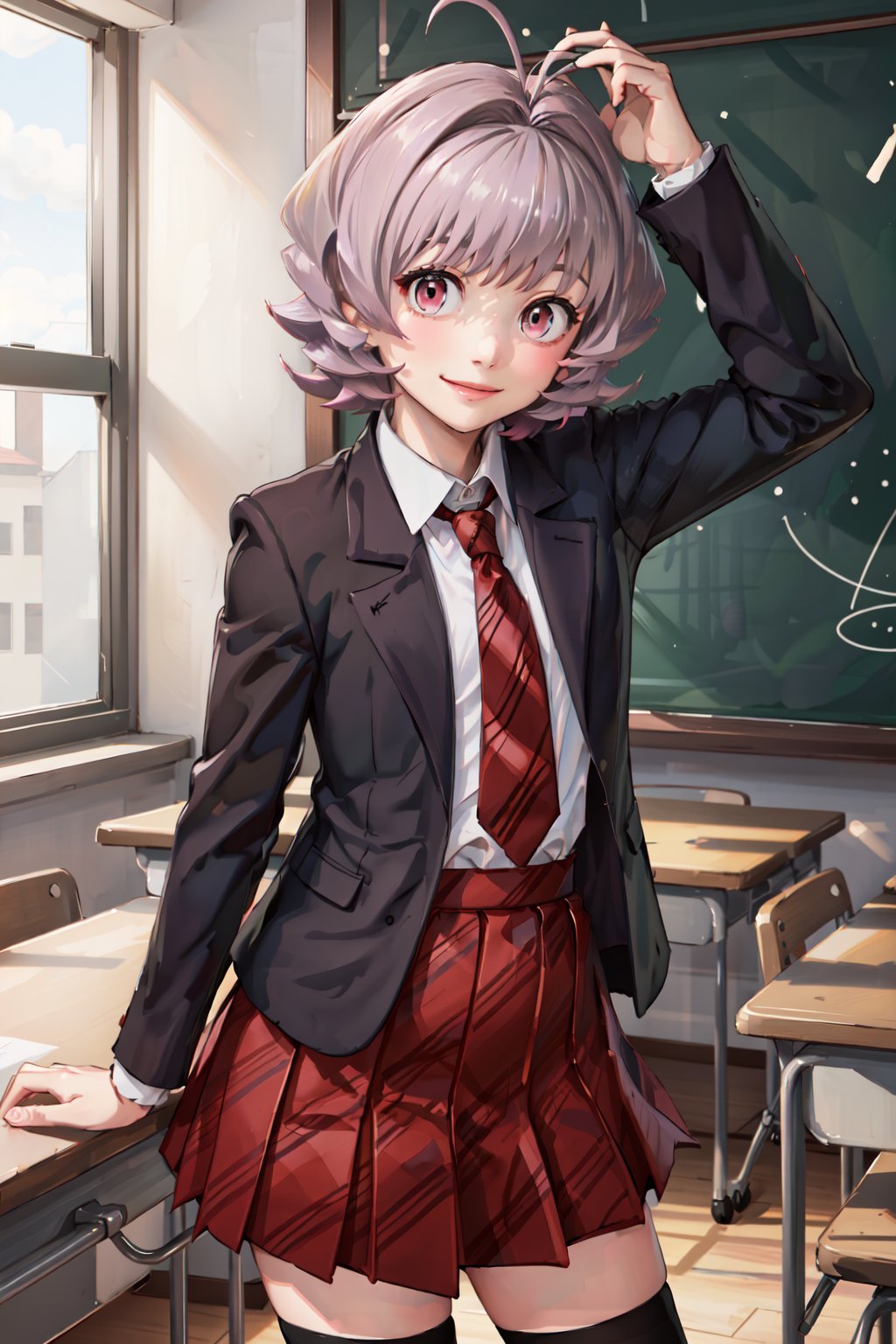 masterpiece,  best quality,  highest quality,  detailed background, osana najimi,  1boy,  solo,  classroom,  red and black striped necktie,  red and black striped short skirt,  light smile,  blue jacket,  pink eyes,  (short purple hair:1.4),  long sleeves,  white shirt,  solo,  black thighhighs,  antenna hair,  white shoes, <lora:EMS-58812-EMS:0.800000>