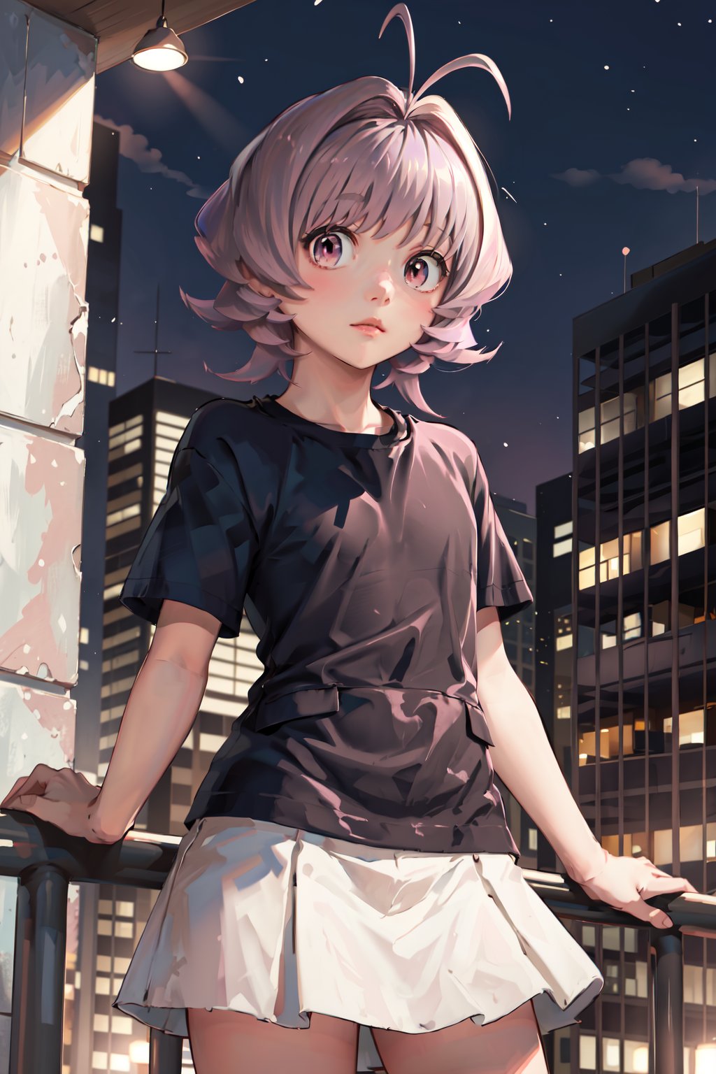 masterpiece,  best quality,  highest quality,  detailed background, osana najimi,  1boy,  solo,  orange shirt,  pink eyes,  (short purple hair:1.4),  short sleeves,  white skirt,  solo,  antenna hair,  city,  looking_at_viewer, <lora:EMS-58812-EMS:0.800000>