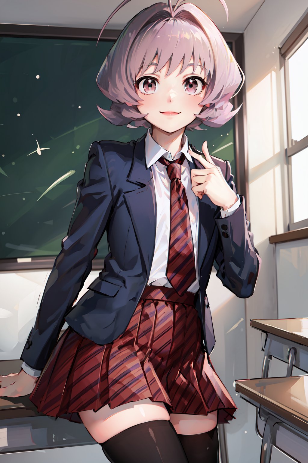 masterpiece,  best quality,  highest quality,  detailed background, osana najimi,  1boy,  solo,  classroom,  red and black striped necktie,  red and black striped short skirt,  light smile,  blue jacket,  pink eyes,  (short purple hair:1.4),  long sleeves,  white shirt,  solo,  black thighhighs,  antenna hair,  white shoes, <lora:EMS-58812-EMS:0.800000>