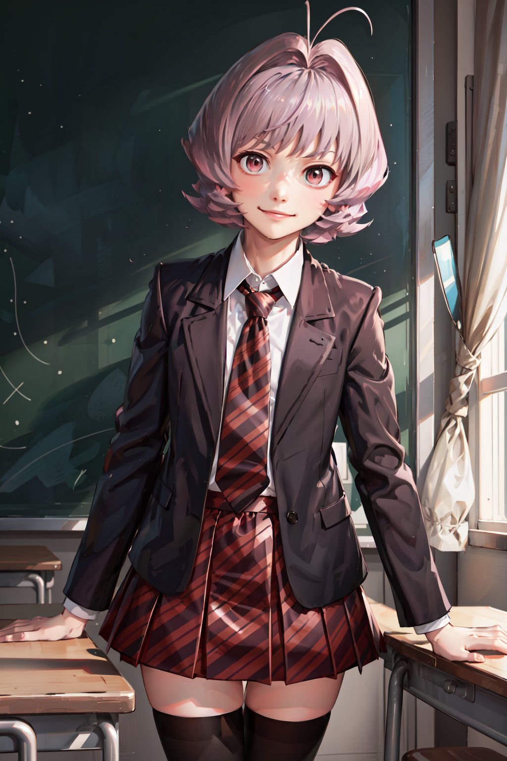 masterpiece,  best quality,  highest quality,  detailed background, osana najimi,  1boy,  solo,  classroom,  red and black striped necktie,  red and black striped short skirt,  evil smile,  smirk,  blue jacket,  pink eyes,  (short purple hair:1.4),  long sleeves,  white shirt,  solo,  black thighhighs,  antenna hair,  white shoes, <lora:EMS-58812-EMS:0.800000>