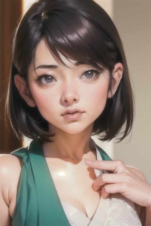 (masterpiece), best quality, expressive eyes, perfect face,
1girl, soro, Miho_jun, ((japanese face, japanese Actress)), 
(black hair, black eyes, short hair, straight hair),
(camisole),
((face focus, face close-up, upper body)),