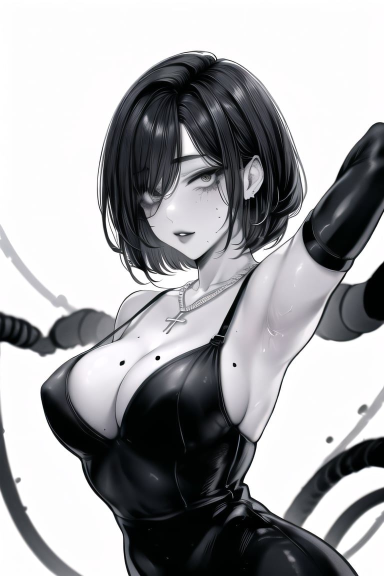 1girl, solo, breasts, looking at viewer, short hair, gloves, white background, dress, cleavage, bare shoulders, jewelry, medium breasts, monochrome, greyscale, earrings, elbow gloves, necklace, mole, mole under eye, tattoo, cross, monster girl, extra arms, extra eyes, arthropod girl