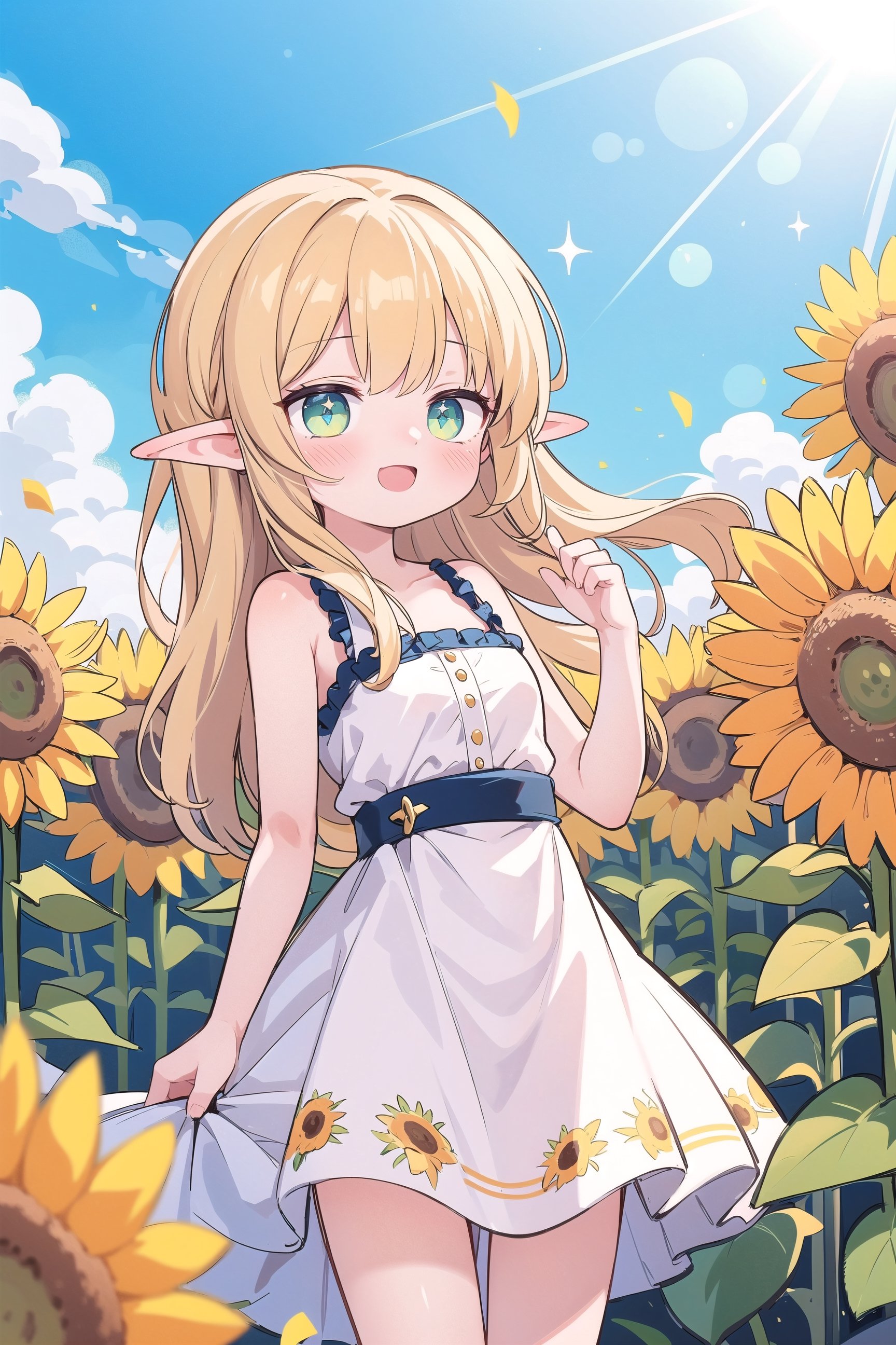 (masterpiece, best quality, highres:1.1), ultra resolution image, (1girl), (solo), kawaii, blonde hair, long flowing hair, elf, emerald eyes, gentle breeze, sunflowers, sunflower field, petal, sparkling magic, (soft sunlight:1.3), fantasy, nature accessories, happy