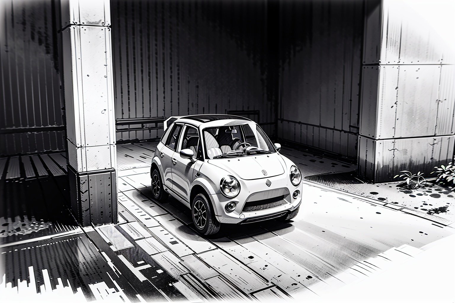  Drawing of micro vehicle, sketch artstyle, grayscale, monochrome