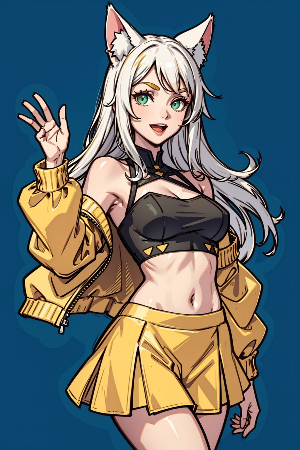 ashenhard style,highres,detailed,best quality,masterpiece,illustration,wallpaper,1girl, solo, green eyes, smile, :d, long hair, white hair, animal ears, animal ear fluff, eyebrows visible through hair, medium breasts, navel, bare shoulders, yellow jacket, off shoulder, crop top, midriff, yellow skirt, hand up, waving, cropped legs, simple background, blue background