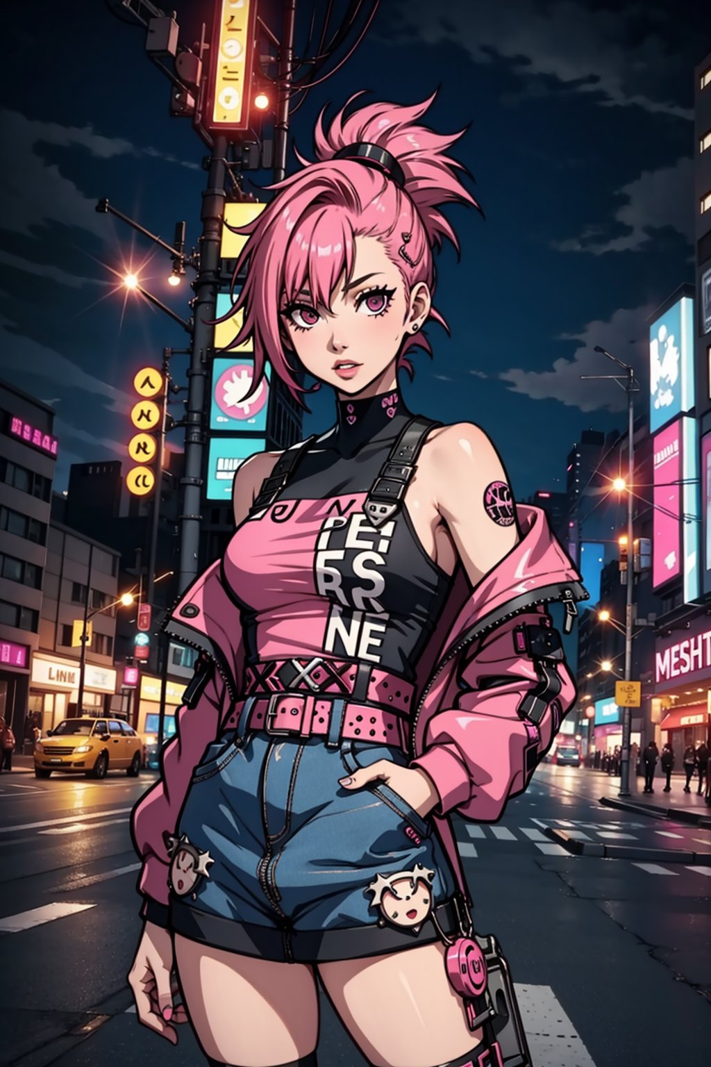 masterpiece,best quality,punk girl with pink mohawk hair, blurred night city background