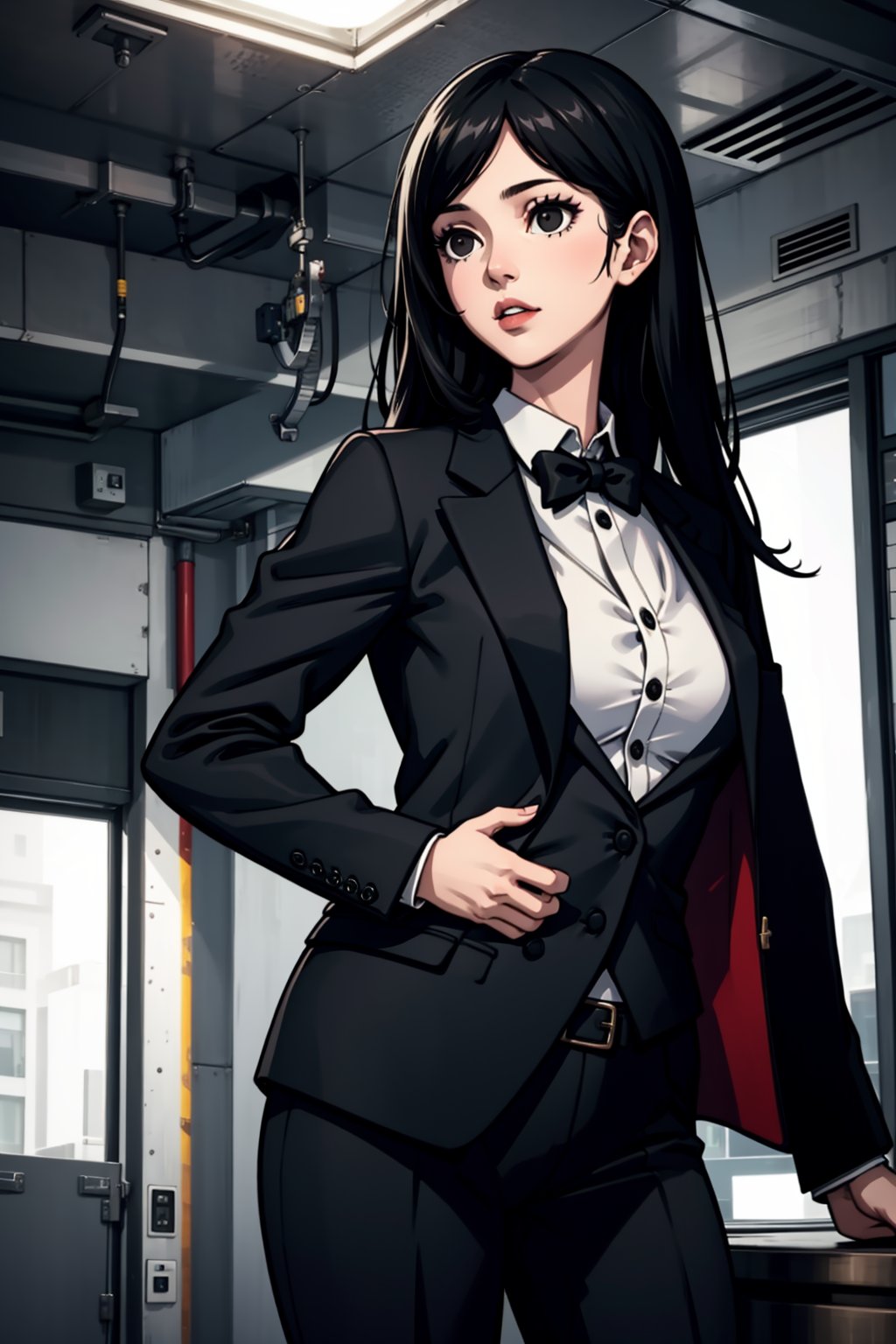 best quality,masterpiece,realistic,1girl,solo,(half body:1.4),black eyes,long black hair,(suit jacket:1.2),slender,white skin,indoor,