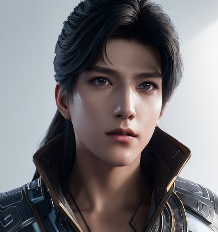 cold light,Cool tone,Cold color light source,realistic,extremely detailed CG unity 8k wallpaper，best quality,Soft Lighting,Front light source,yftou, 1boy, solo,(look straight ahead:1.2),( black hair:1.2),Partial hairstyle,brown eyes， Eyebrow extension,Close  mouth,game cg,,  Skin texture,white background, simple background, <lora:yf_5-000012:1>