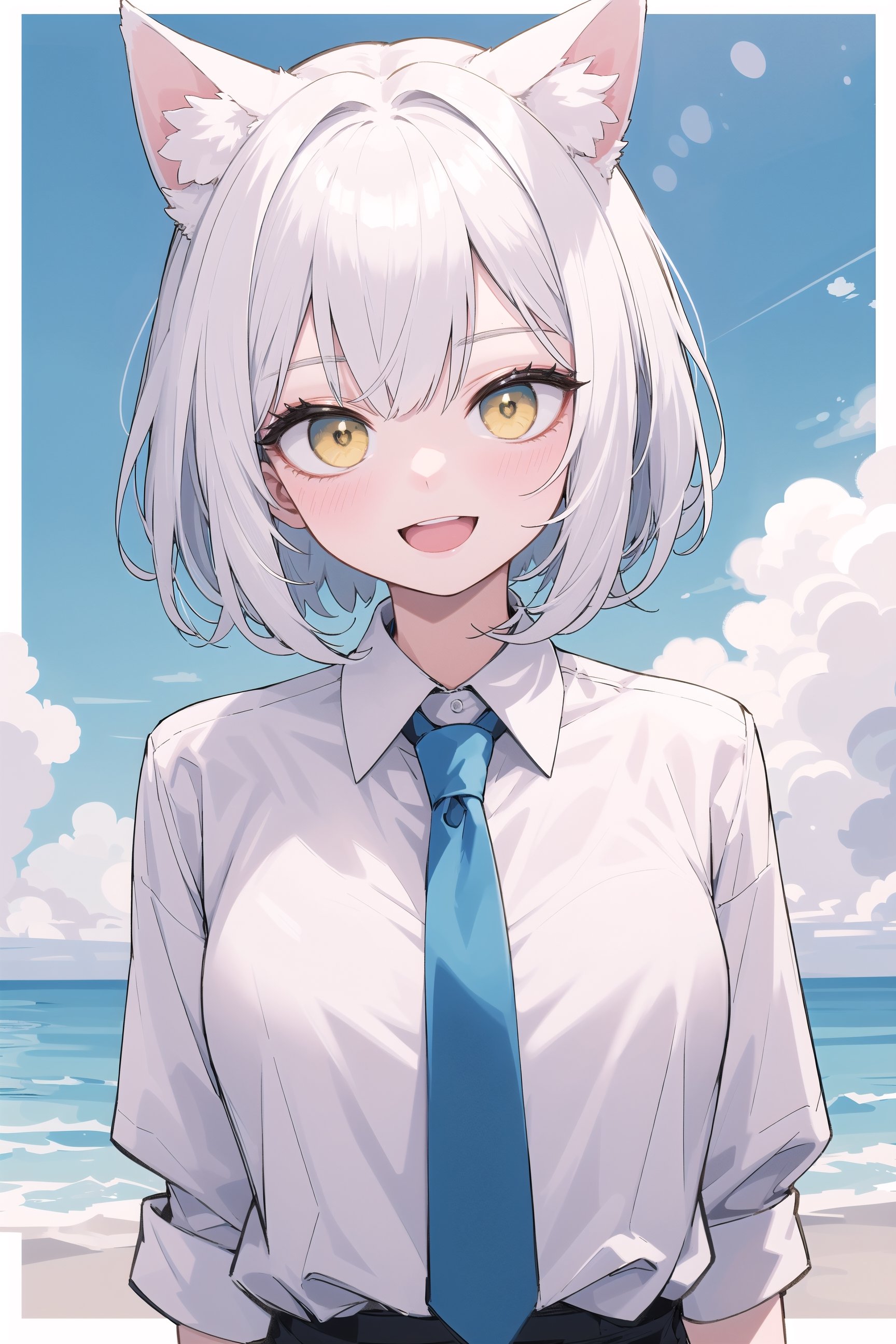 (masterpiece, best quality, highres:1.1), ultra resolution image, (1girl), (solo), absurdres, highres, (white hair, white cat ears), yellow eye, bob cut, blue necktie, white blouse, smile brightly, open mouth, middle of nowhere, horizon, upper body,