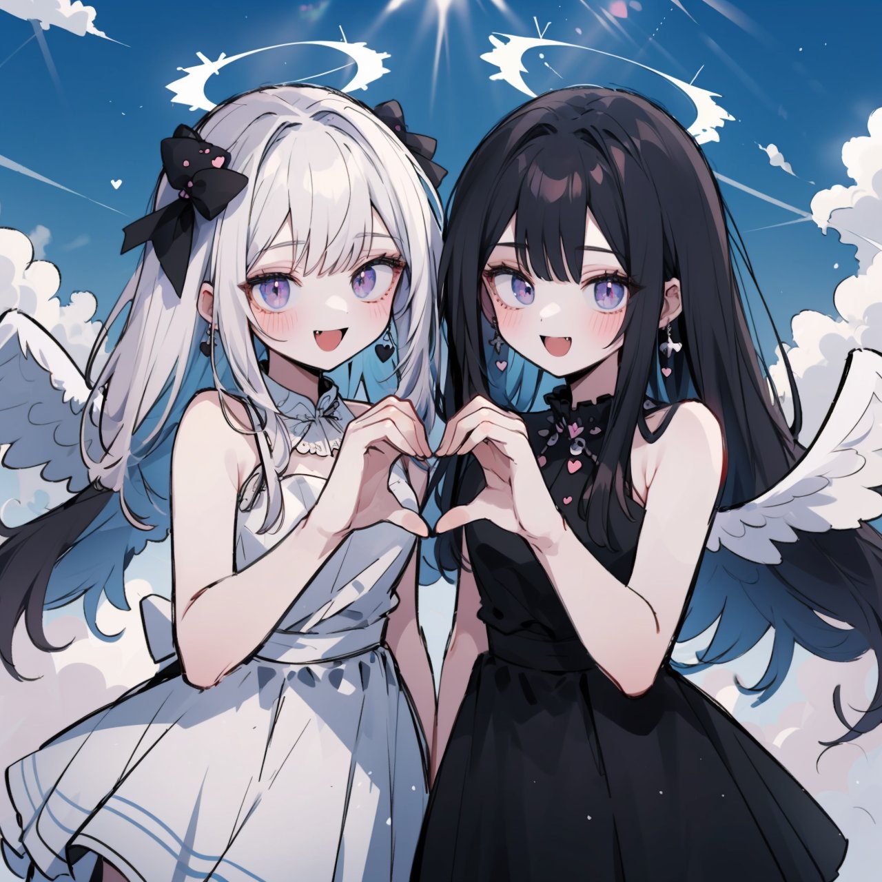 (masterpiece,  best quality,  highres:1.3), ultra resolution image,  (2girls), (couple, angel, devil), (own_hands_together_to_make_heart_shape:1.4, heart hands), dreamy, soft smile, happy, vivid color, sleeveless dress, halo, heart hands, niji, sketch, manga, look at viewer, kawaii, dynamic expressions, clouds, sky,