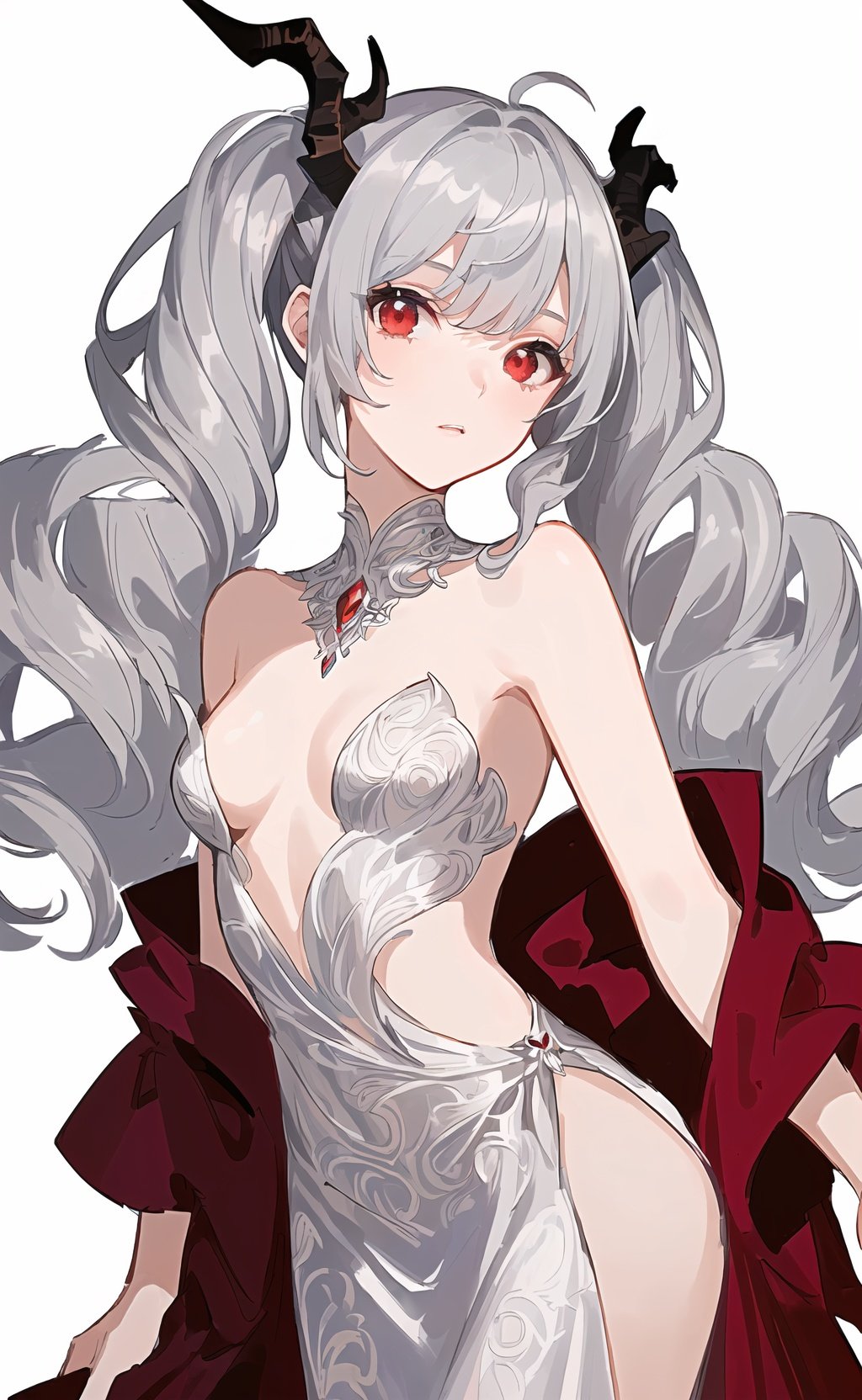 (white background:1.5),(dragon horns:1.2),(1girl:1.2),(solo:1.2),illustration,(beautiful detailed face:1.3),(beautiful detailed hair:1.3),(beautiful detailed eyes:1.3),whole body,right human structure,(silver hair:1.3),(curly hair:1.3),(twintails:1.3),(messy hair:1.3),(long hair:1.5),(red eyes:1.2),looking at viewer,(medium breasts:1.3),(evening_gown:1.3),(cowboy_shot:1.3),