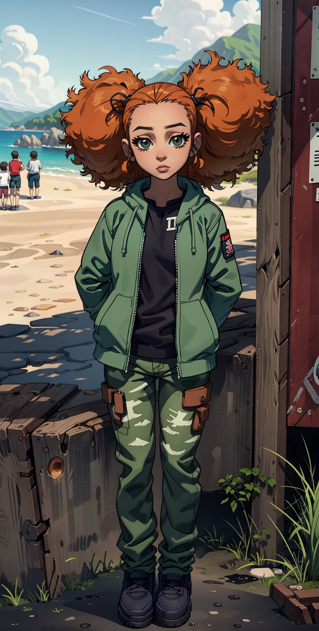 ((masterpiece, best quality)),solo,portrait ,1girl, child, full body , jazmine dubois,  , frizzy hair, big hair, (camouflage pants , camouflage jacket:1), arms behind back,beach