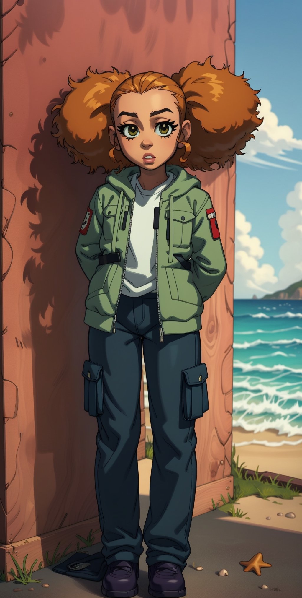 ((masterpiece, best quality)),solo,portrait ,1girl, child, full body , jazmine dubois,  , frizzy hair, big hair, (camouflage pants , camouflage jacket:1), arms behind back,beach