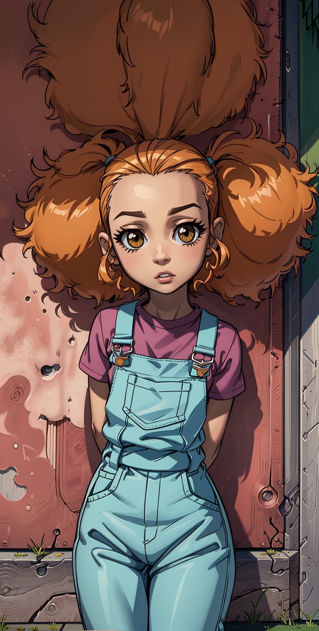 ((masterpiece, best quality)),solo,portrait ,1girl, child, medium shot , jazmine dubois,  , frizzy hair, big hair, ( overalls,  red shirt:1), arms behind back,