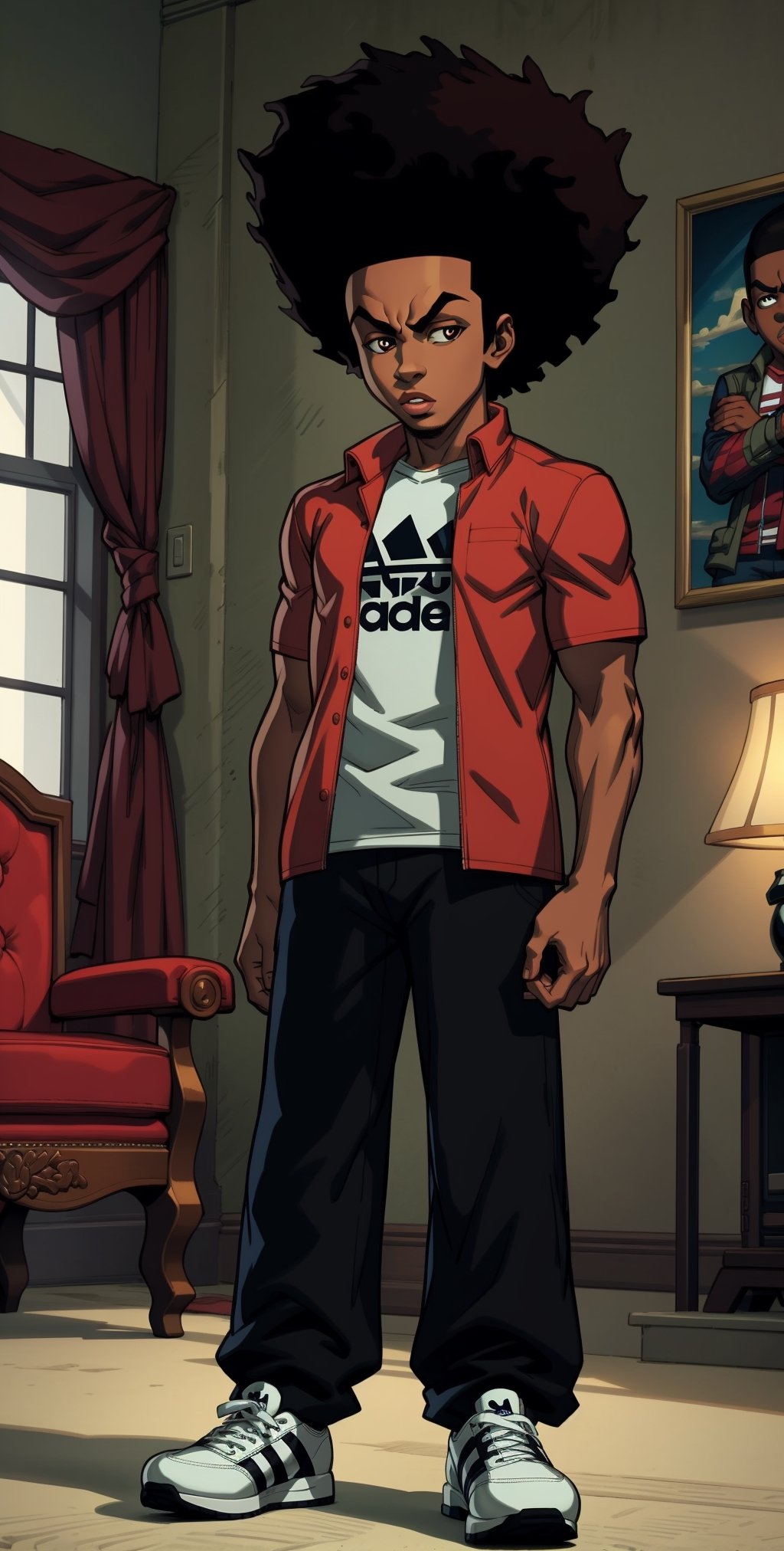 ((masterpiece, best quality)),(complex lighting),solo,1boy,full body, dark skin, black hair, brown eyes, afro, (adidas shirt:1),adidas pants, huey freeman,  , boots, throne,  