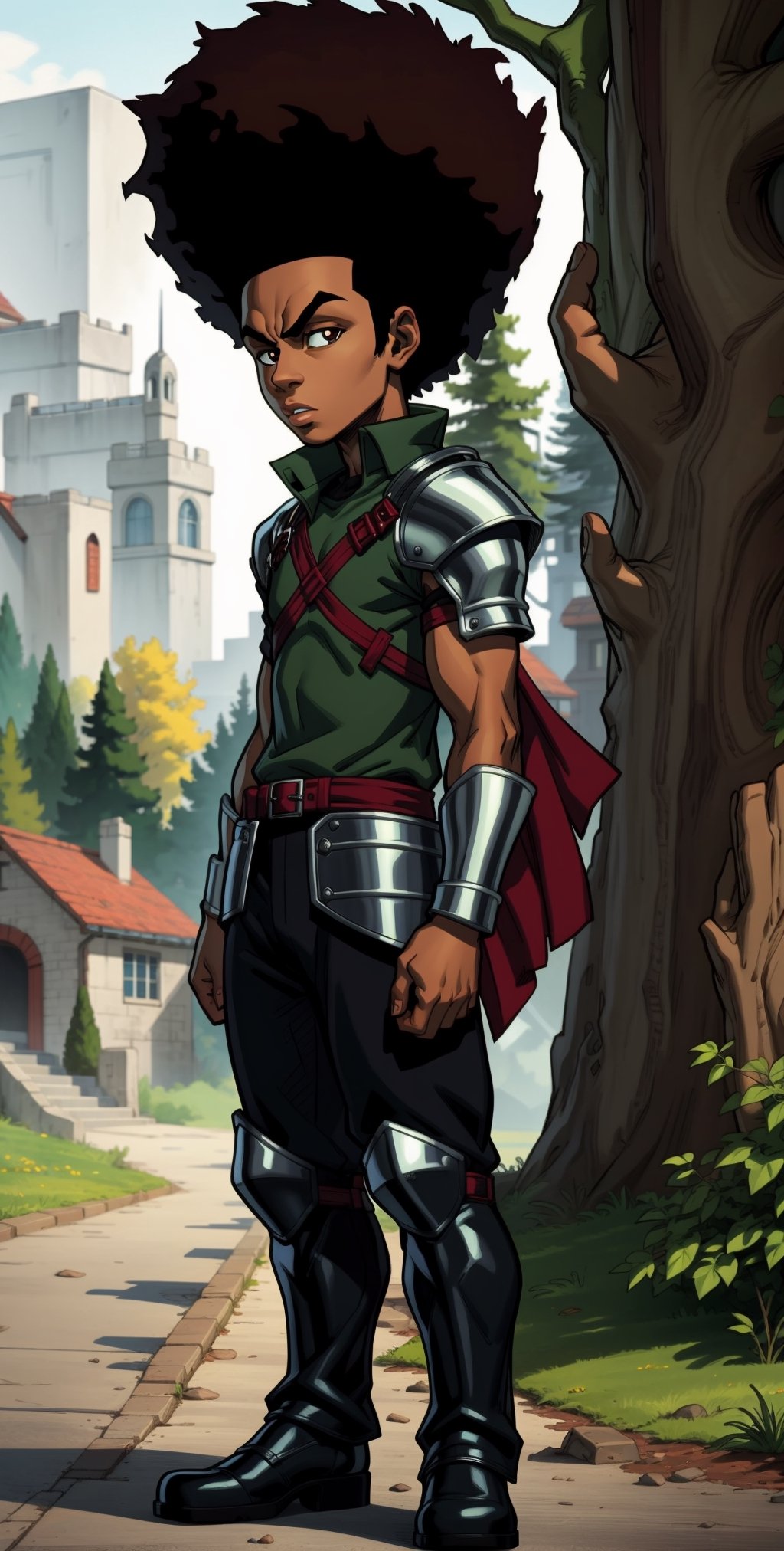 ((masterpiece, best quality)),(complex lighting),solo,1boy,medium, dark skin, black hair, brown eyes, afro, (knight armor:1), huey freeman,  , forest,