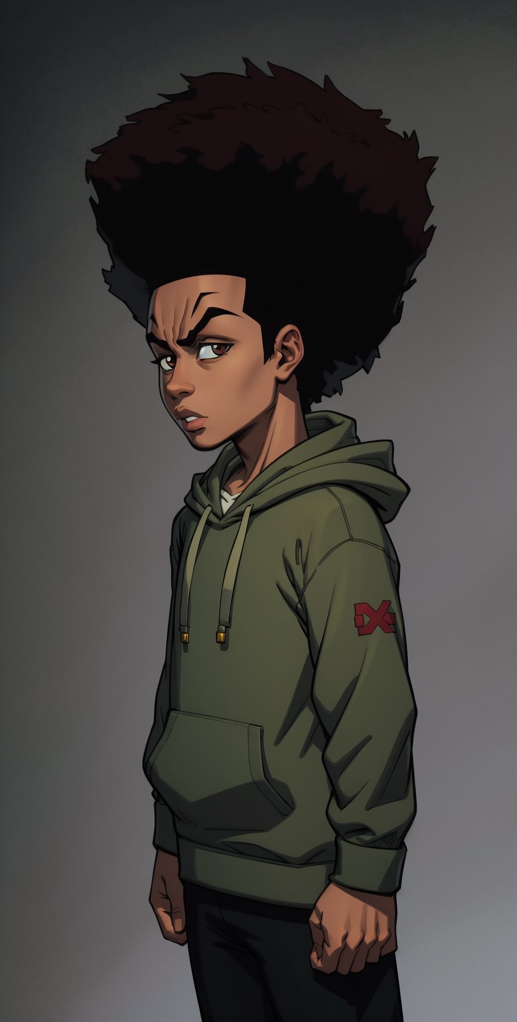 ((masterpiece, best quality)),(complex lighting),solo,1boy,medium shot, dark skin, black hair, brown eyes, afro, (yellow hoodie:1), huey freeman,  , grey background,