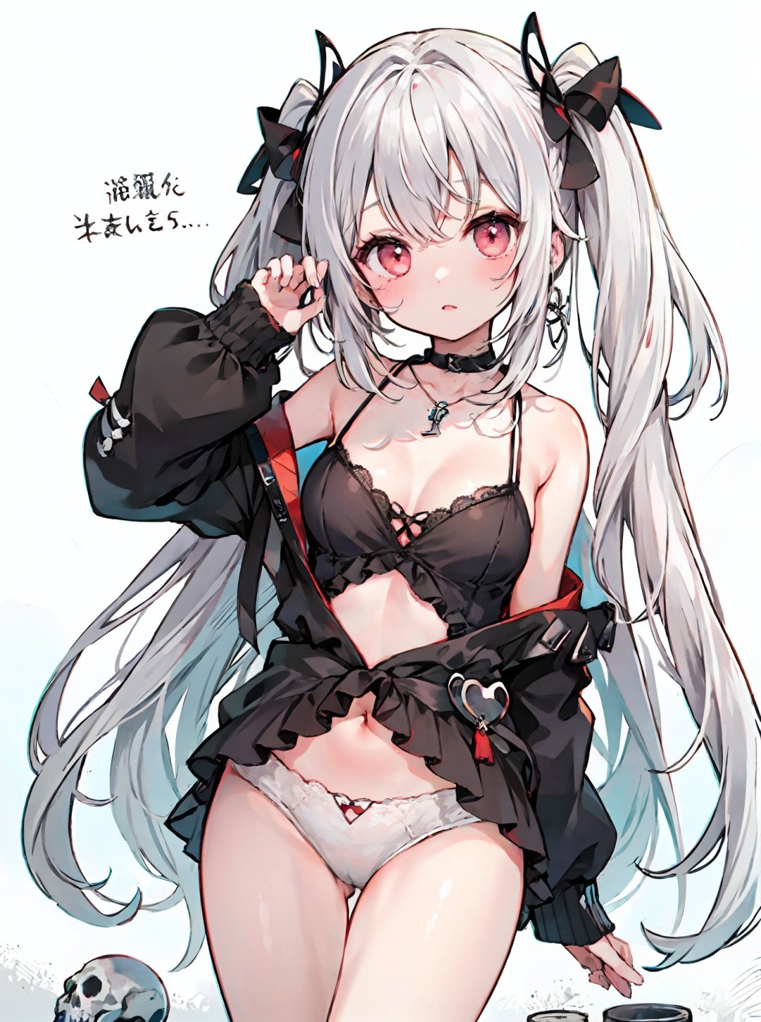  1 girl, Ghost Bride, with terrifying eyes, full of murderous aura, sharp eyes, white hair, xinniang, blackmagic,skull necklace,exposed bone,tombstone,loli,petite, hand on own stomach,white underwear