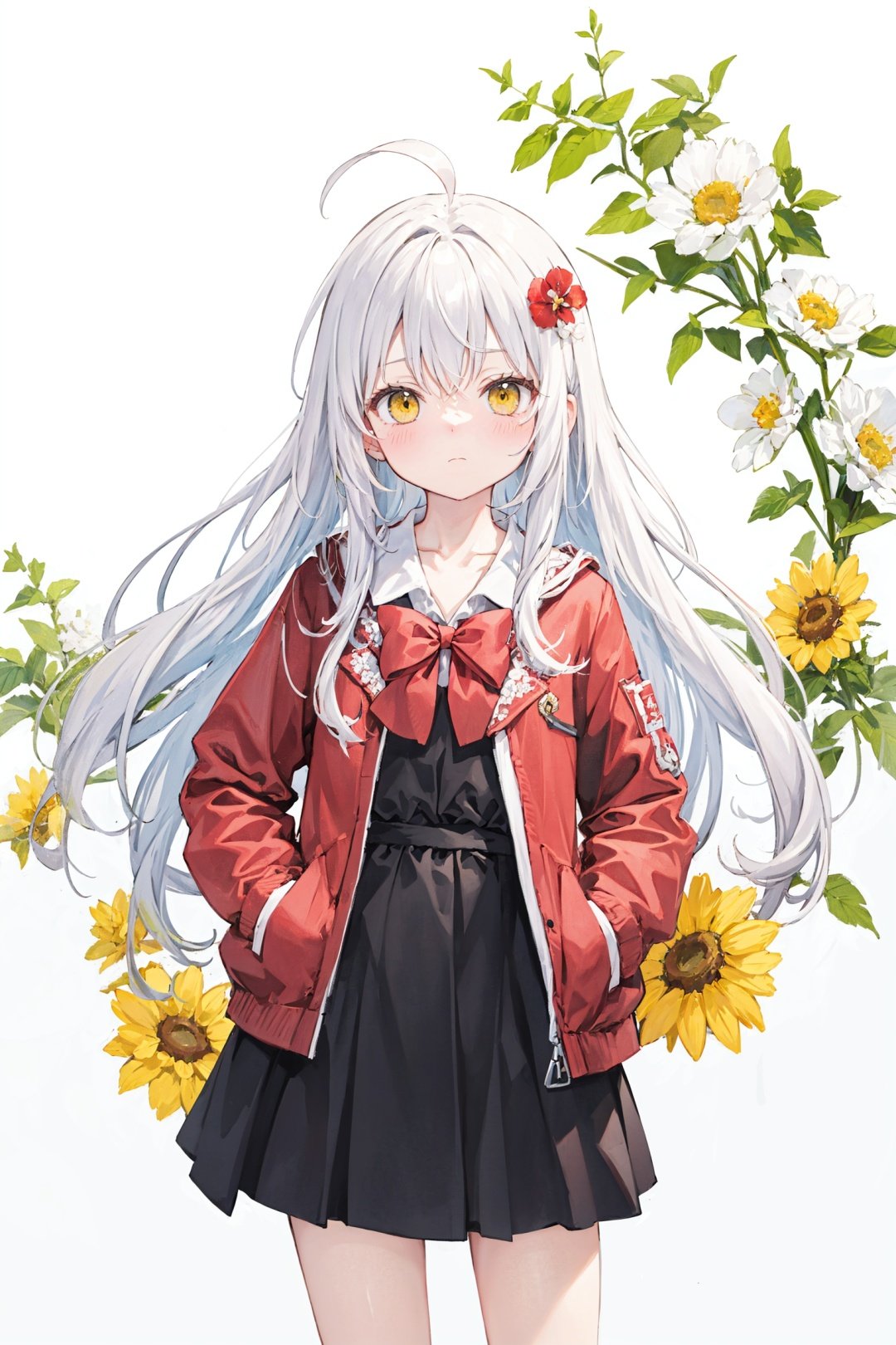  (best quality), ((masterpiece)), (highres),standing,original, extremely detailed wallpaper,crown,gradient hair,(an extremely delicate and beautiful),(loli),(petite),white hair,bangs,ahoge,hair flowing over,curly hair,long hair,Yellow eyes, (red Jacket),white collared shirt,hair flower,fipped hair,floating hair,Frown,hands in pockets,black dress,red bowtie,(solo),cozy anime,houtufeng