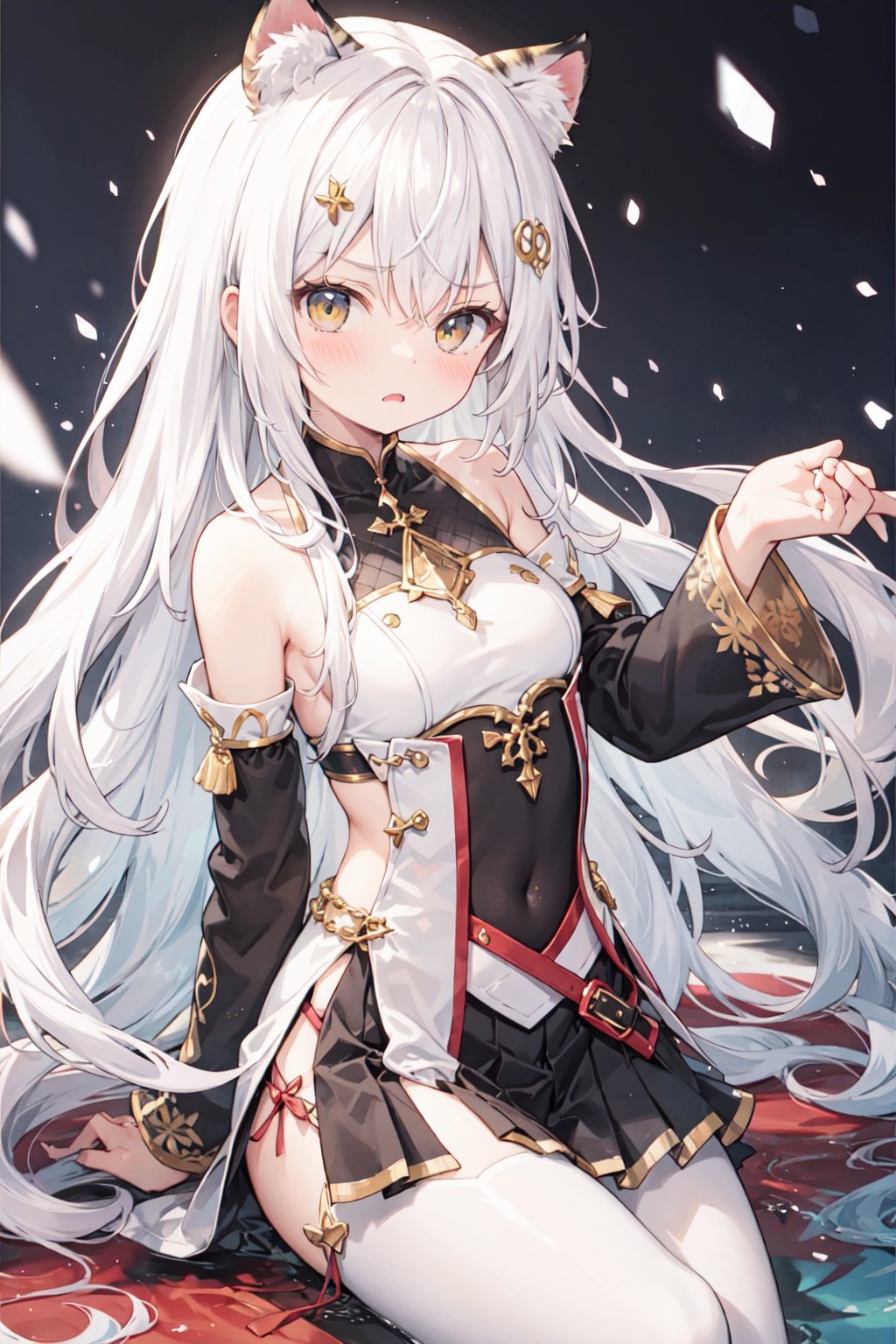 angry,frown,grievance++++loli,petite,medium breast,(panorama:1.2),causticstail,disheveled hair, messy hair, long bangs, floating hair,highleg,solo+++loose clothes,(black t-detached sleeves:1.4)++,hairclip,++++Yellow eyes,white hair,tiger ears,fang out,{beautiful eyes},solo,