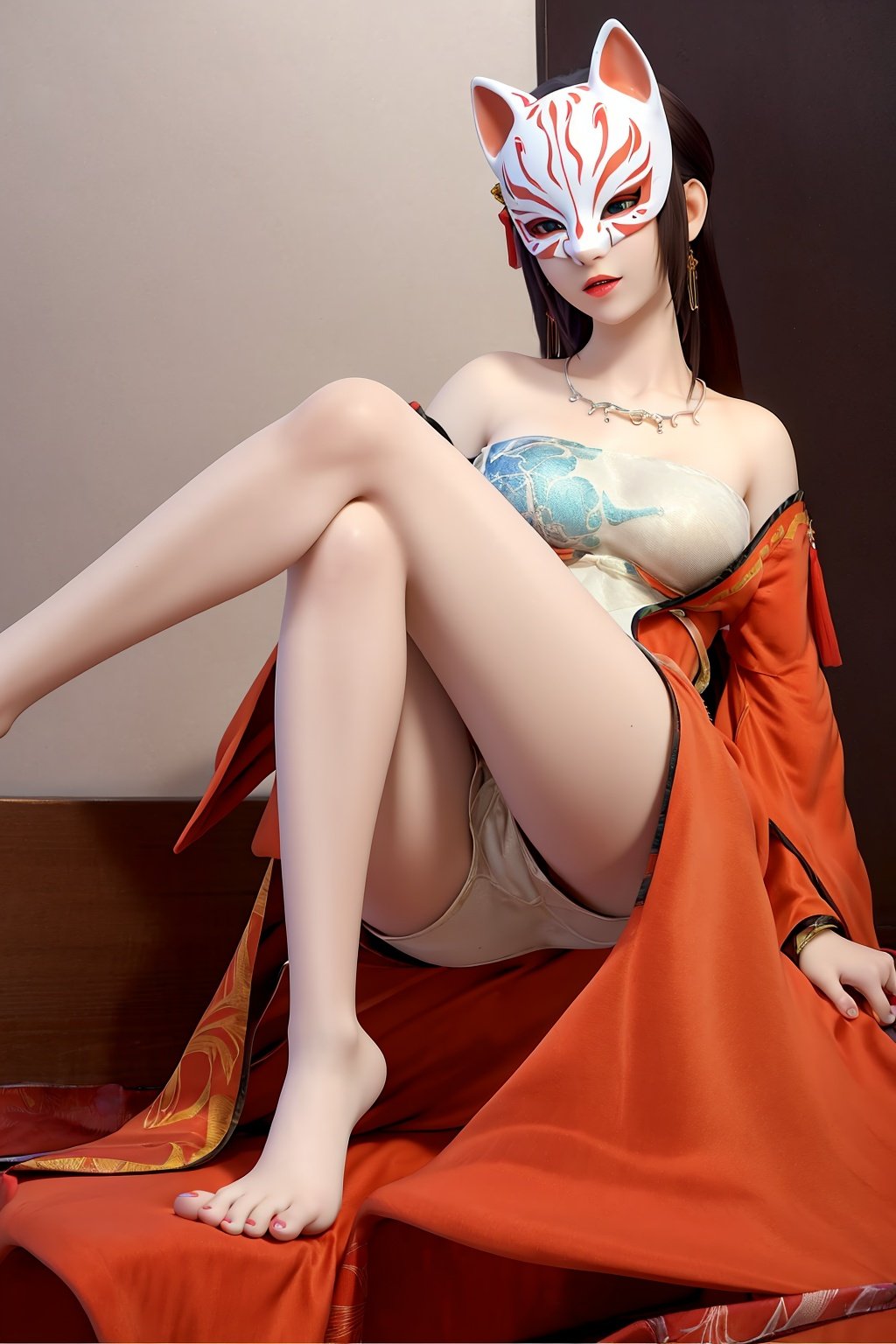 (8k, RAW photo, best quality, masterpiece:1.2),(realistic, photorealistic:1.3), ultra-detailed, extremely detailed cg 8k wallpaper,(crystalstexture skin:1.2), extremely delicate and beautiful,mask, 1girl, barefoot, fox_mask, solo, japanese_clothes, kimono, sitting, nail_polish, feet,photo_\(medium\), (breasts, medium_breasts, cleavage), looking_at_viewer,  spread legs,