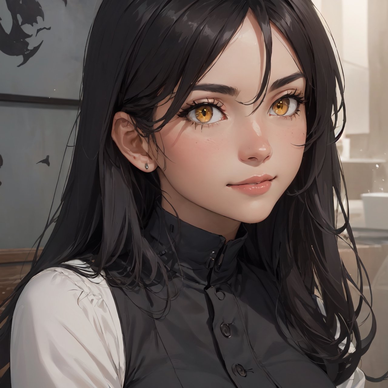  atmospheric scene,  masterpiece,  best quality,  (detailed face,  detail skin texture,  ultra-detailed body),  (cinematic light:1.1),    ,  r0seb7rne-smf,  solo,  realistic,  long hair,  lips,  yellow eyes,  looking at viewer,  black hair,  upper body,  smile,  long white and black dress,  big breasts, ,nindi