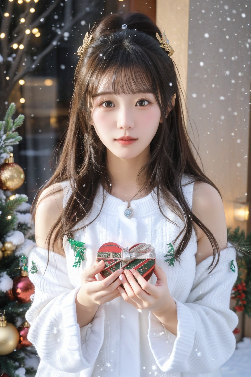 1girl, solo, photo, Snow, outside, Pine, box, christmas tree, merry christmas, holding gift, christmas lights, looking at viewer, bell, ornament, hair ornament, heart-shaped box, UHD, textured skin, high details, 16k, kamisato ayaka