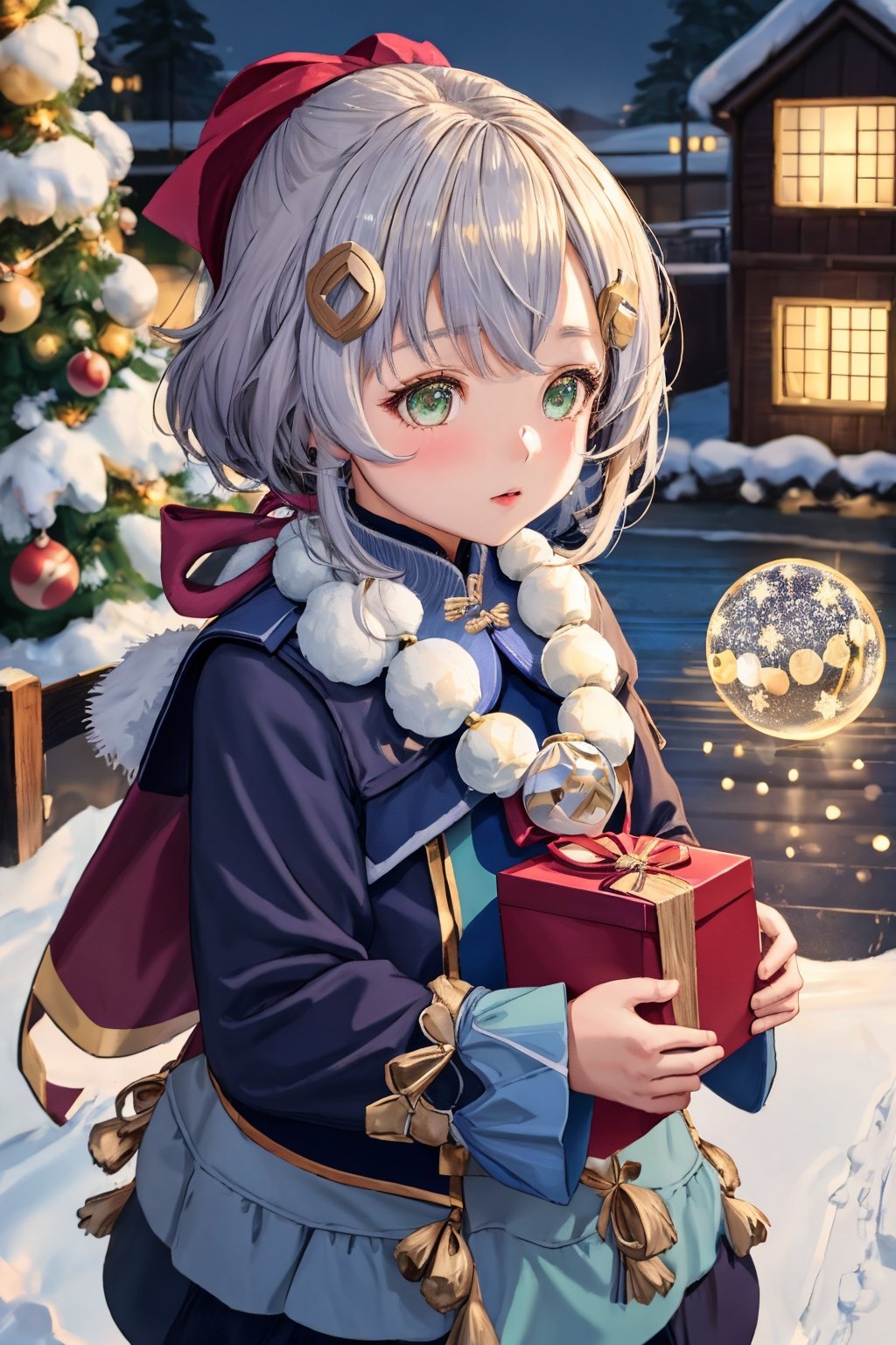  1girl, solo, photo, Snow, outside, Pine, box, christmas tree, merry christmas, holding gift, christmas lights, looking at viewer, bell, ornament, hair ornament, heart-shaped box, UHD, textured skin, high details, 16k, green eyes, qiqi (genshin impact)