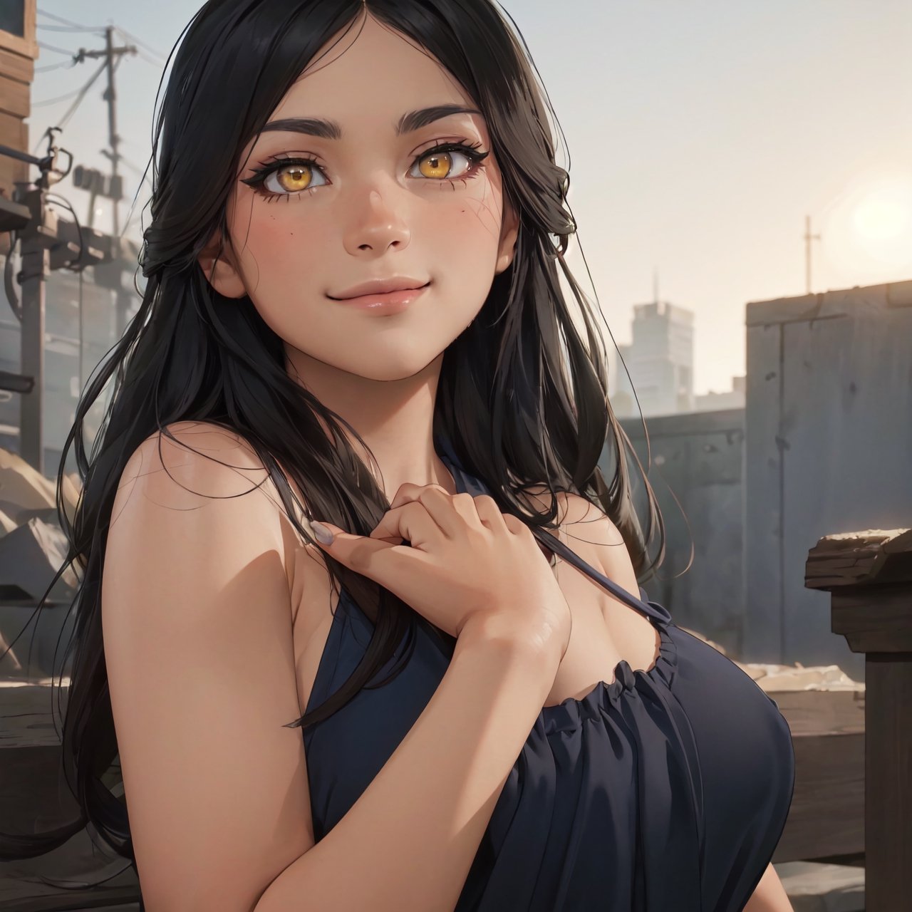  atmospheric scene,  masterpiece,  best quality,  (detailed face,  detail skin texture,  ultra-detailed body),  (cinematic light:1.1),    ,  r0seb7rne-smf,  solo,  realistic,  long hair,  lips,  yellow eyes,  looking at viewer,  black hair,  upper body,  smile,  long white and black dress,  big breasts,alessa