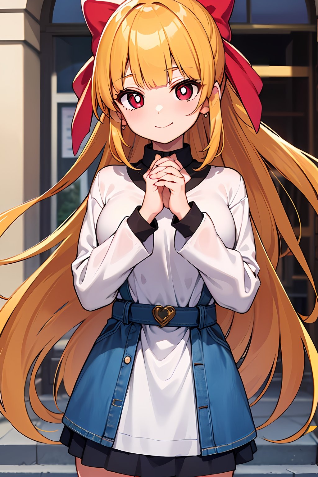 (absurdres, highres, ultra detailed, high resolution: 1.1)
BREAK
1 girl, solo, medium breasts, ppgzmmk, smile, closed mouth,
BREAK
long hair, blonde hair, hair bow, blunt bangs, ponytail, red eyes, bright pupils,
BREAK
(white shirt, long sleeves, striped sleeves:1.1), (denim, short skirt:1.1),
BREAK
standing, looking at viewer, city,
BREAK
nice hands, perfect hands,