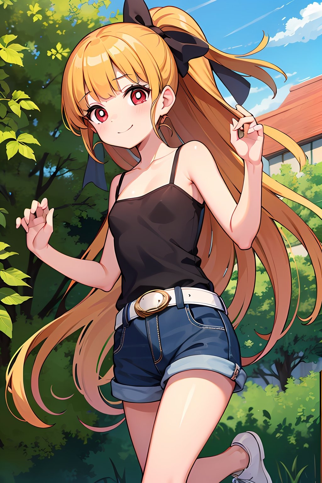 (absurdres, highres, ultra detailed, high resolution: 1.1)
BREAK
1 girl, solo, medium breasts, ppgzmmk, smile, closed mouth,
BREAK
long hair, blonde hair, hair bow, blunt bangs, ponytail, red eyes, bright pupils,
BREAK
camisole, short shorts,
BREAK
jumping, walking, looking at viewer, forest,
BREAK
nice hands, perfect hands,