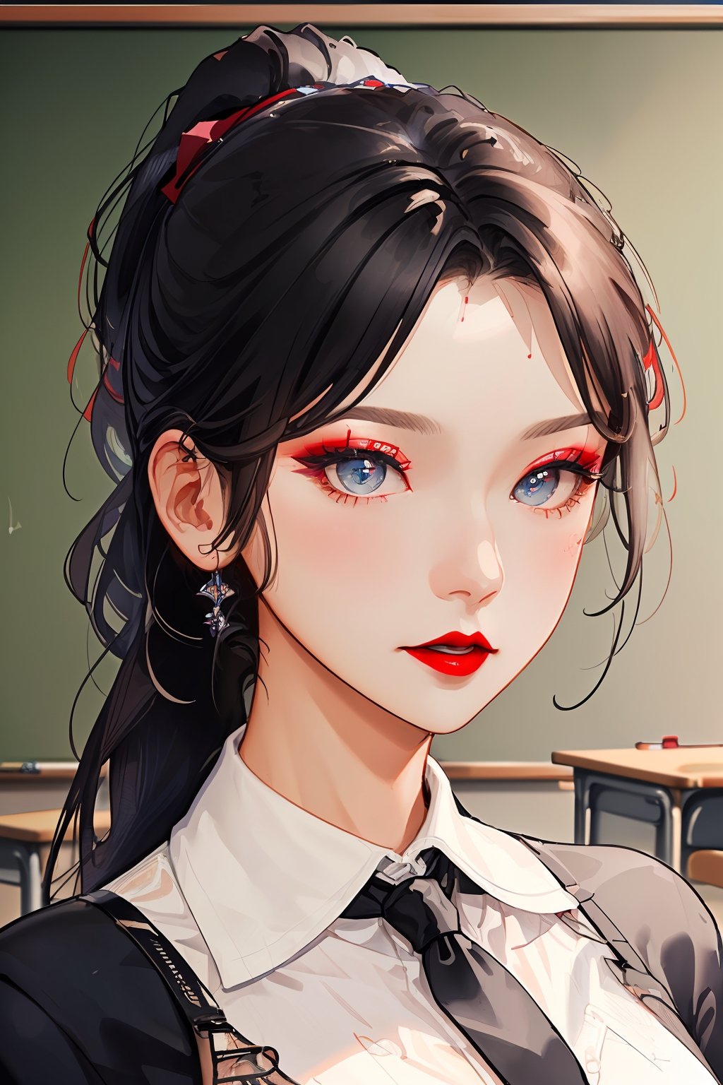 (best quality:1.2), (hyper detailed), 

juliabenson, a woman with ((pale skin, black hair, ponytail):1.1), ((closeup, portrait)),(beautiful skin, perfect skin), ((necktie, collared shirt):1.2), ((classroom, chalkboard, desk):1.2),((red lipstick, eyeliner, full makeup, eye shadow):1.2),((best quality, masterpiece, extreme details):1.2) ((detailed face, beautiful face, detailed eyes, beautiful eyes):1.2),modelshoot style, (extremely detailed CG unity 8k wallpaper), photo of the most beautiful artwork in the world, , professional majestic (photography by Steve McCurry), 8k uhd, dslr, soft lighting, high quality, film grain, Fujifilm XT3 sharp focus, f 5.6, High Detail, Sharp focus, dramatic